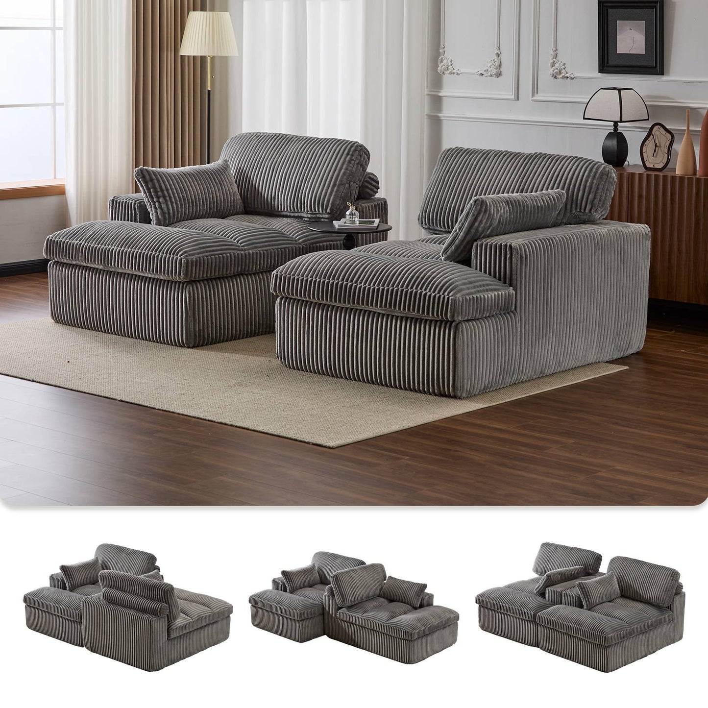 Corduroy Boneless Loveseat — 2-Seat, 83"W — Grey, modular configurations
