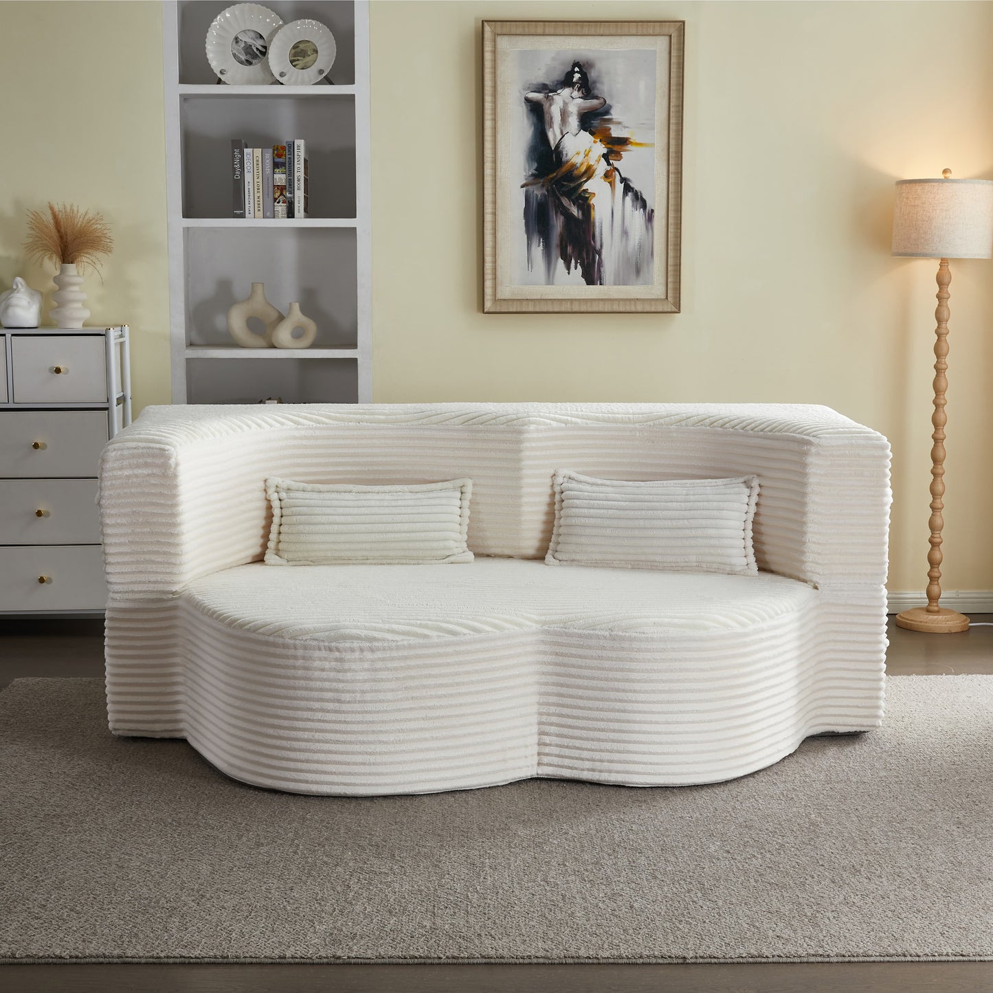 Corduroy Compression Loveseat — 2-Seat, 78"W — Beige + White