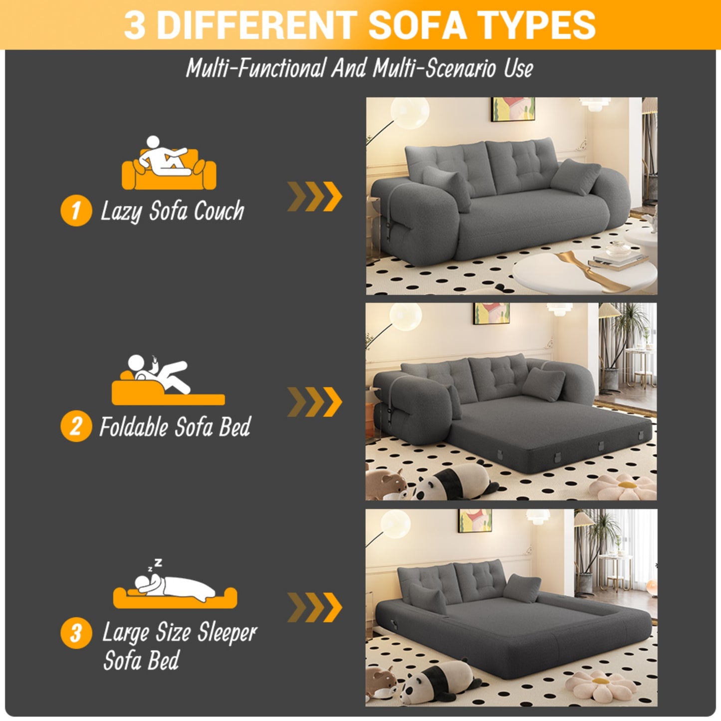 Sherpa Fleece Boneless Sofa Bed — 2-Seat — Grey