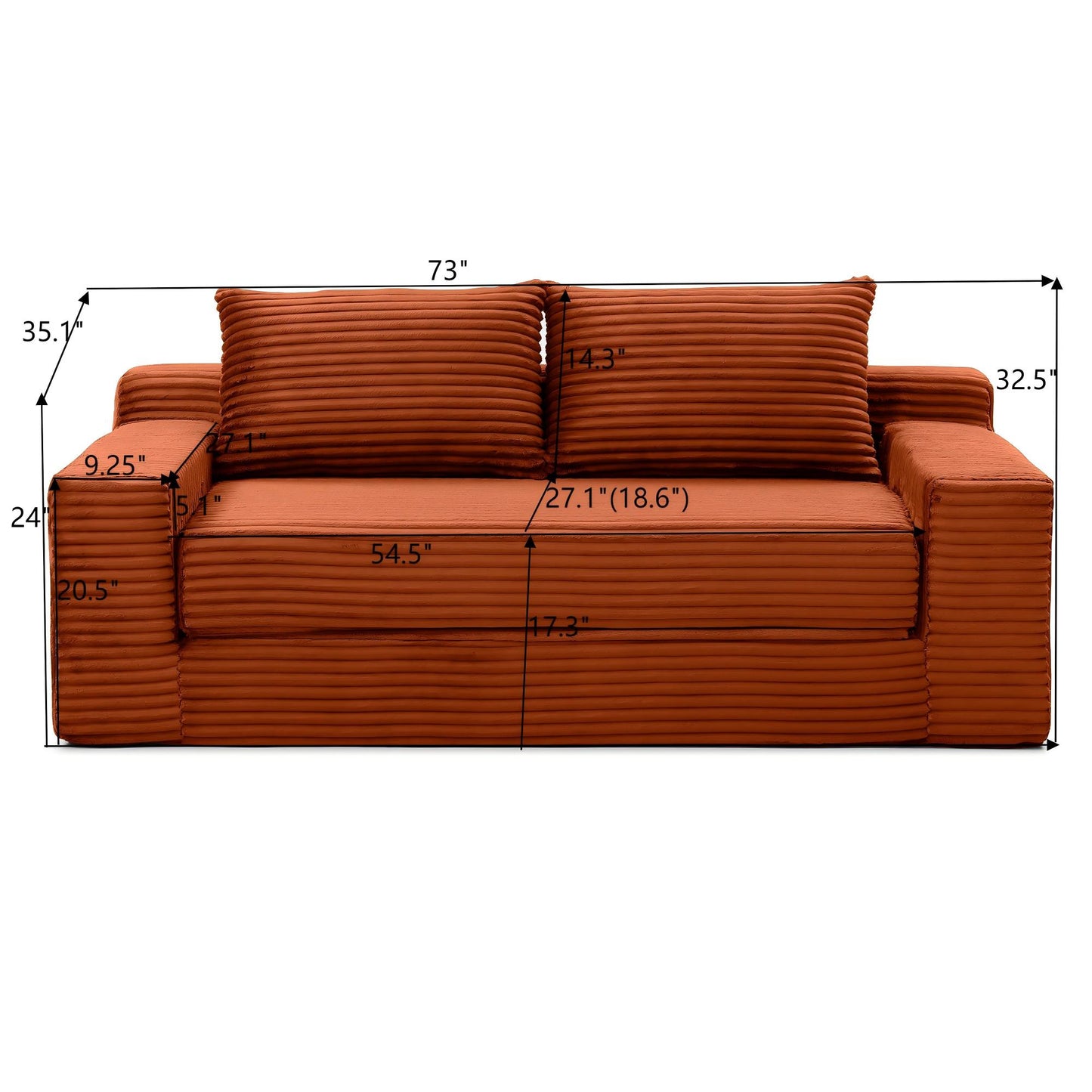 Corduroy Boneless Sofa Bed — 3-Seat, 73"W, sofa mode measurements — dimensions — Orange