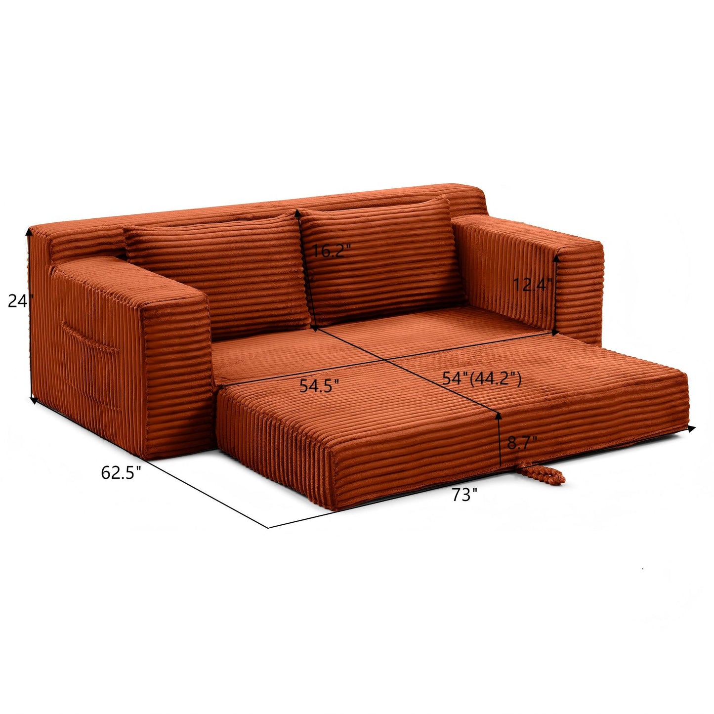 Corduroy Boneless Sofa Bed — 3-Seat, 73"W, bed mode measurements — dimensions — Orange