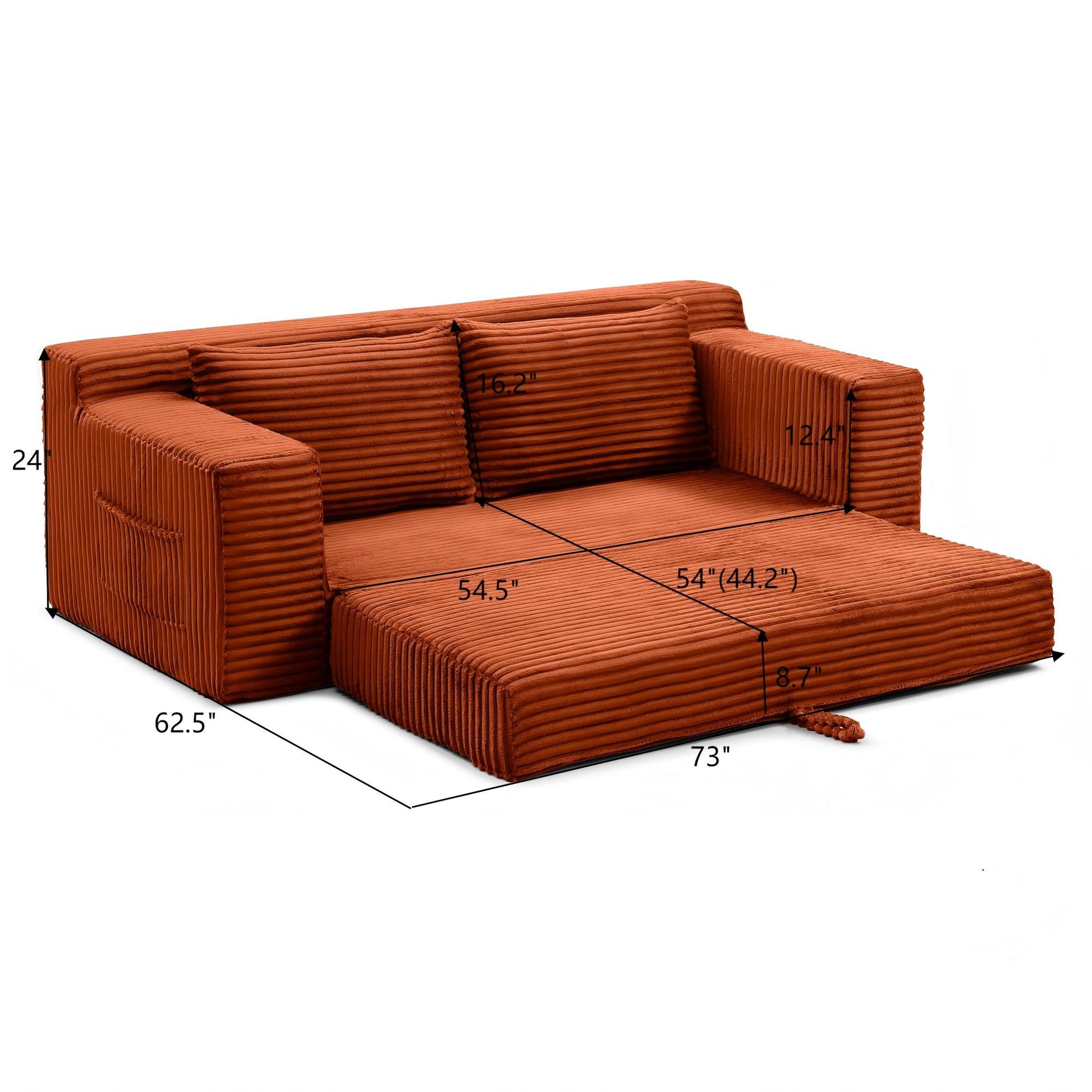 Corduroy Boneless Sofa Bed — 3-Seat, 73"W, bed mode measurements — dimensions — Orange