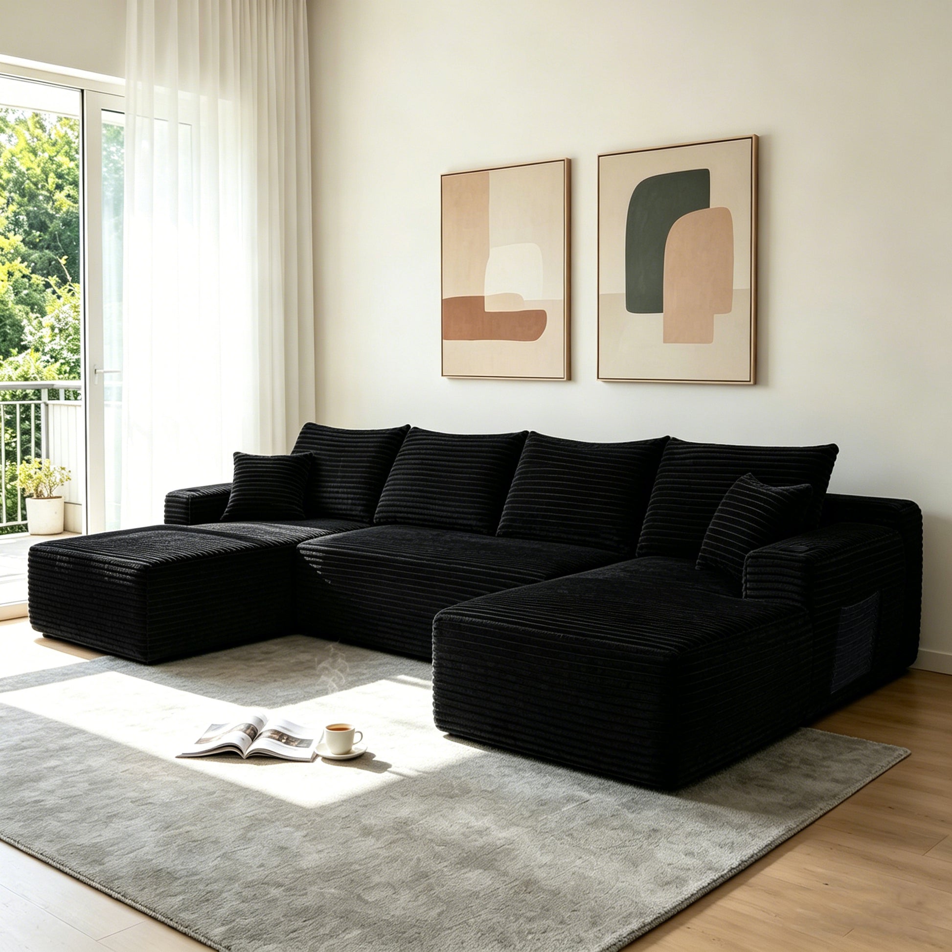 Corduroy Compression Sofa — 5-Seat, 134"W — Black