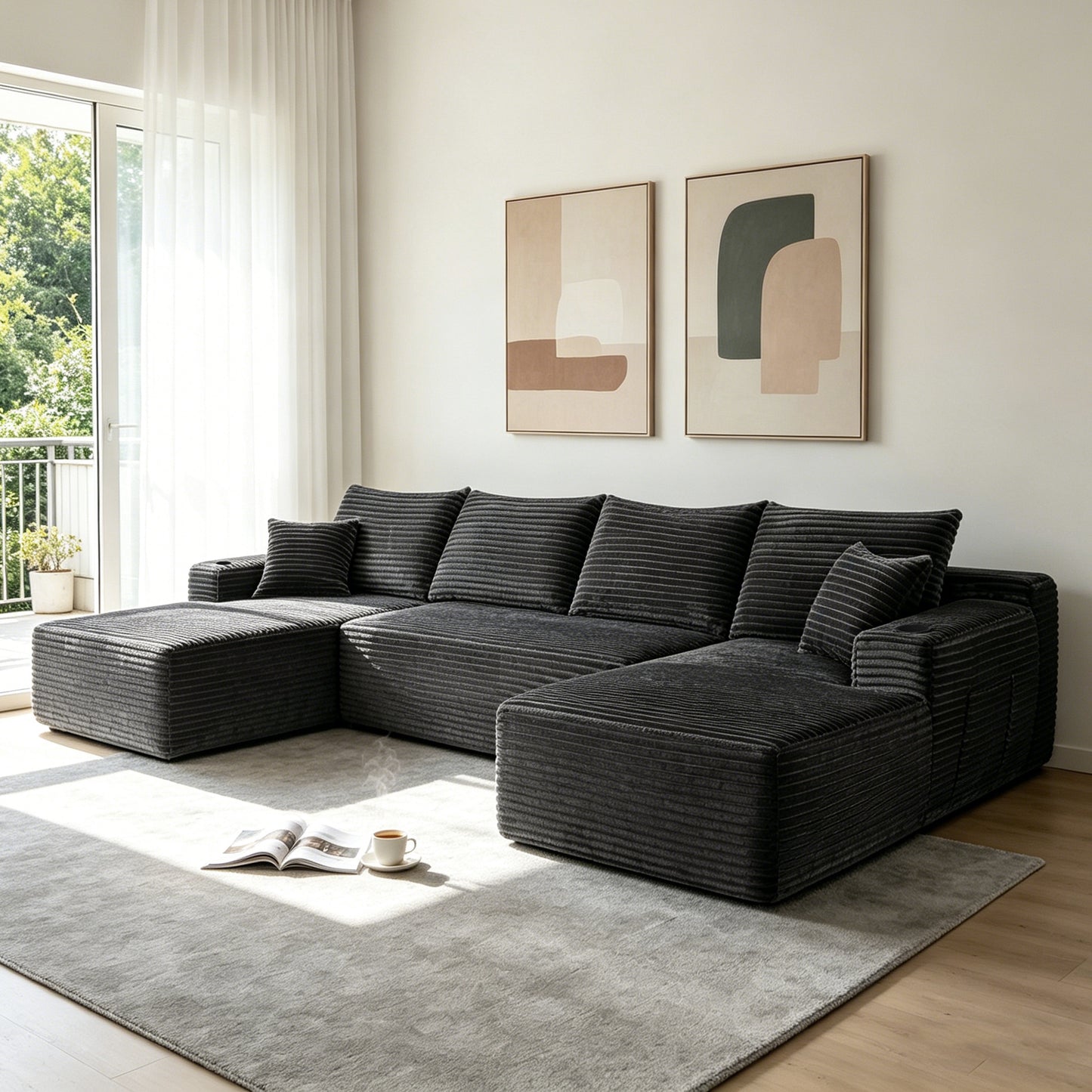 Corduroy Compression Sofa — 5-Seat, 134"W — Grey
