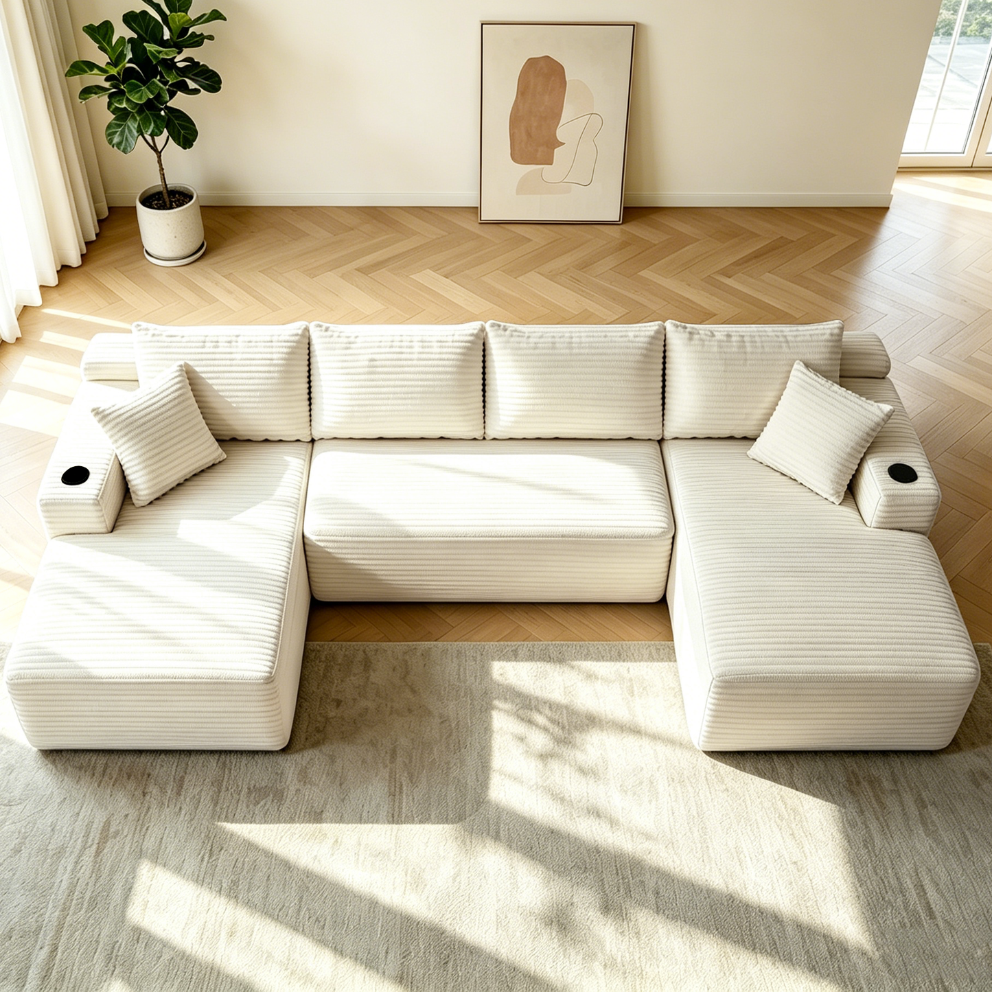 Corduroy Compression Sofa — 5-Seat, 134"W — Beige