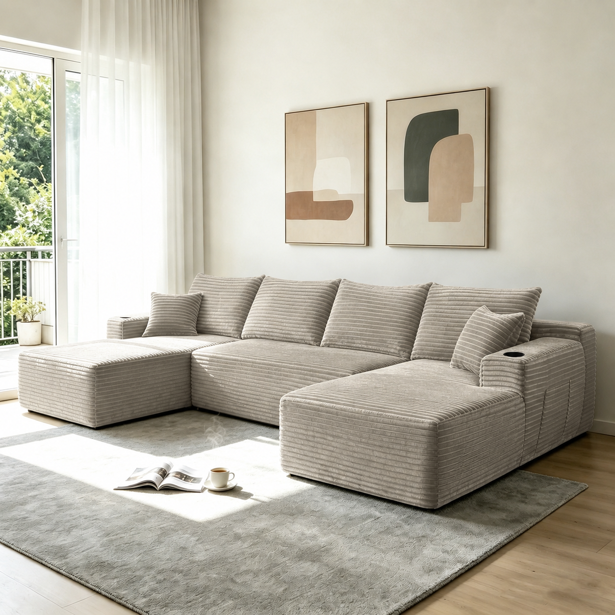 Corduroy Compression Sofa — 5-Seat, 134"W — Camel