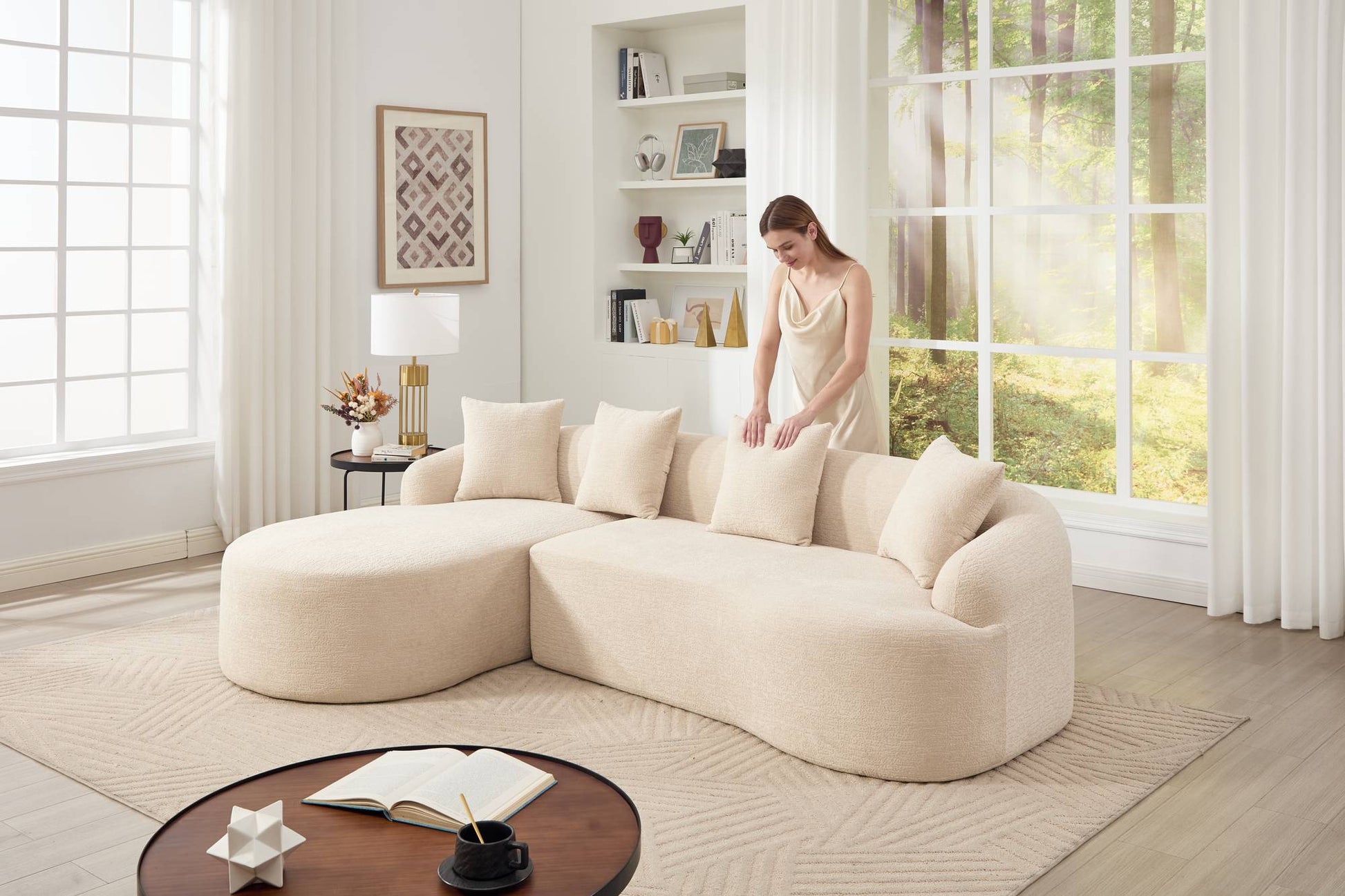 Chenille Spring-Core Compression Sectional — 4-Seat, 99"W — Beige