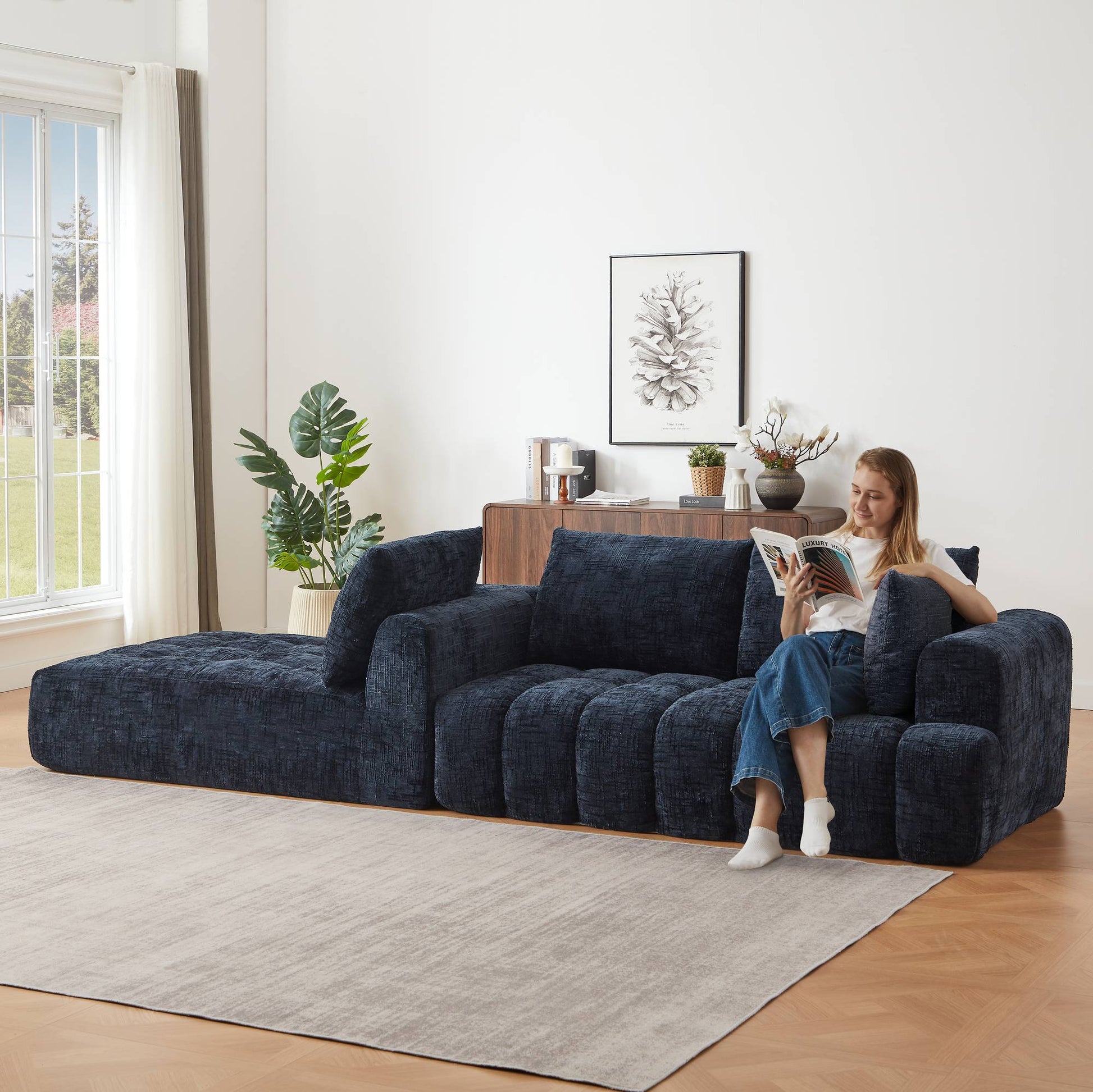 Chenille Spring-Core Compression Sectional — 4-Seat, 108"W — Dark Blue / Left-Facing