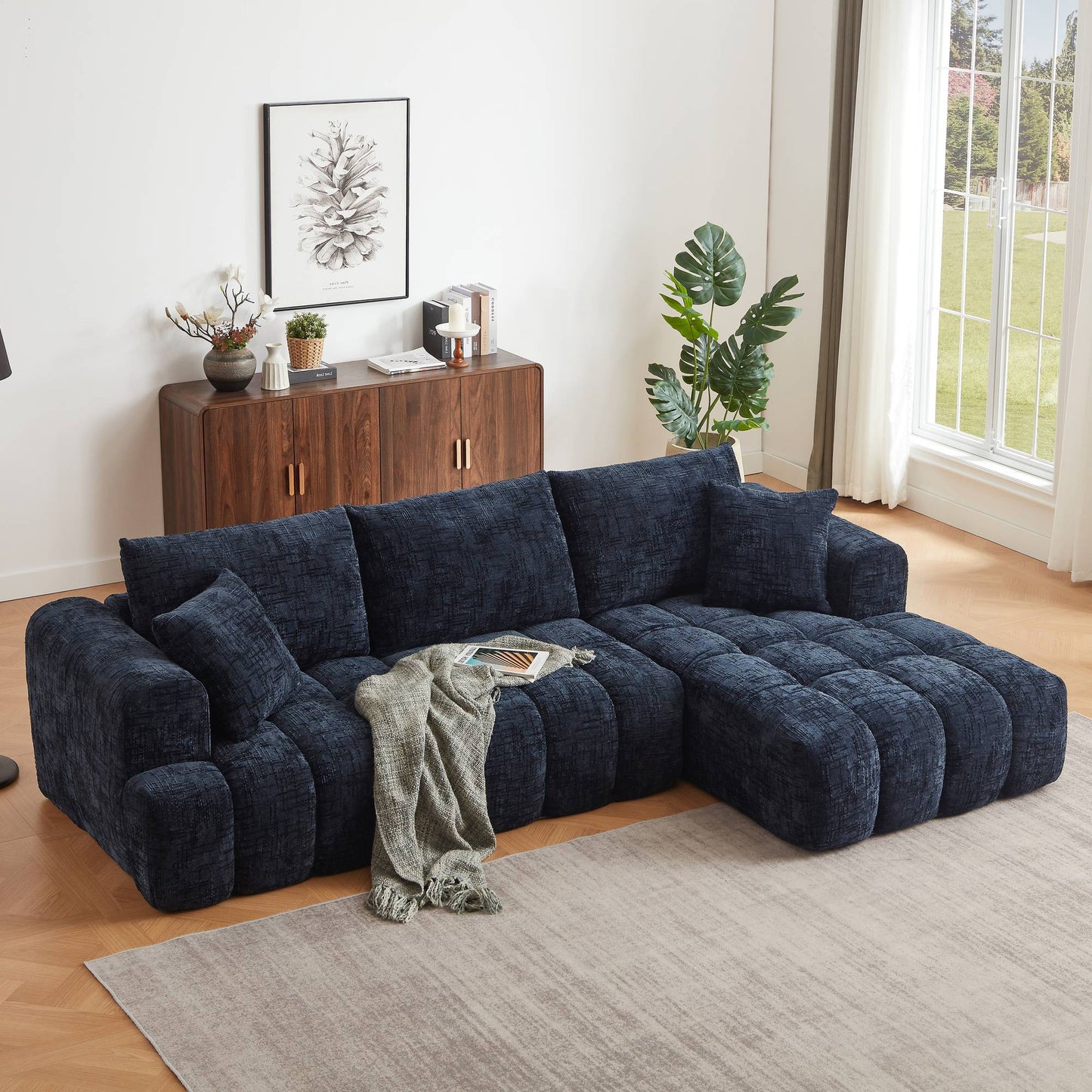 Chenille Spring-Core Compression Sectional — 4-Seat, 108"W — Dark Blue / Right-Facing