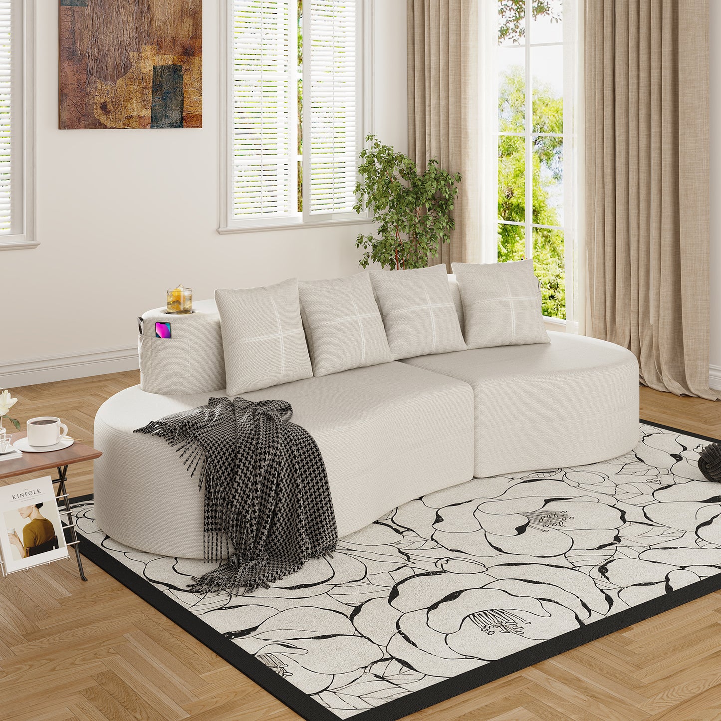 Chenille Compression Sofa — 3-Seat — Beige