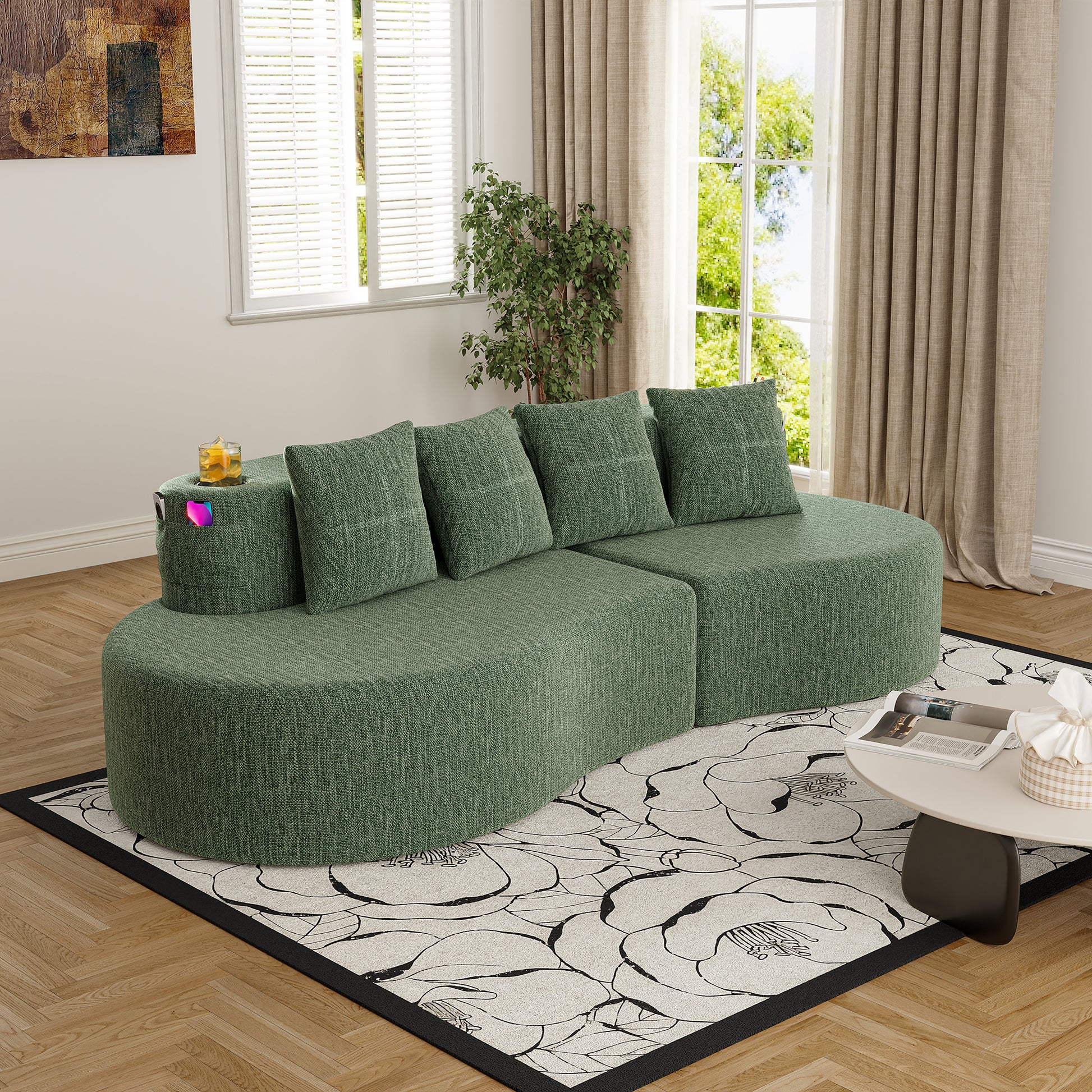 Chenille Compression Sofa — 3-Seat — Green