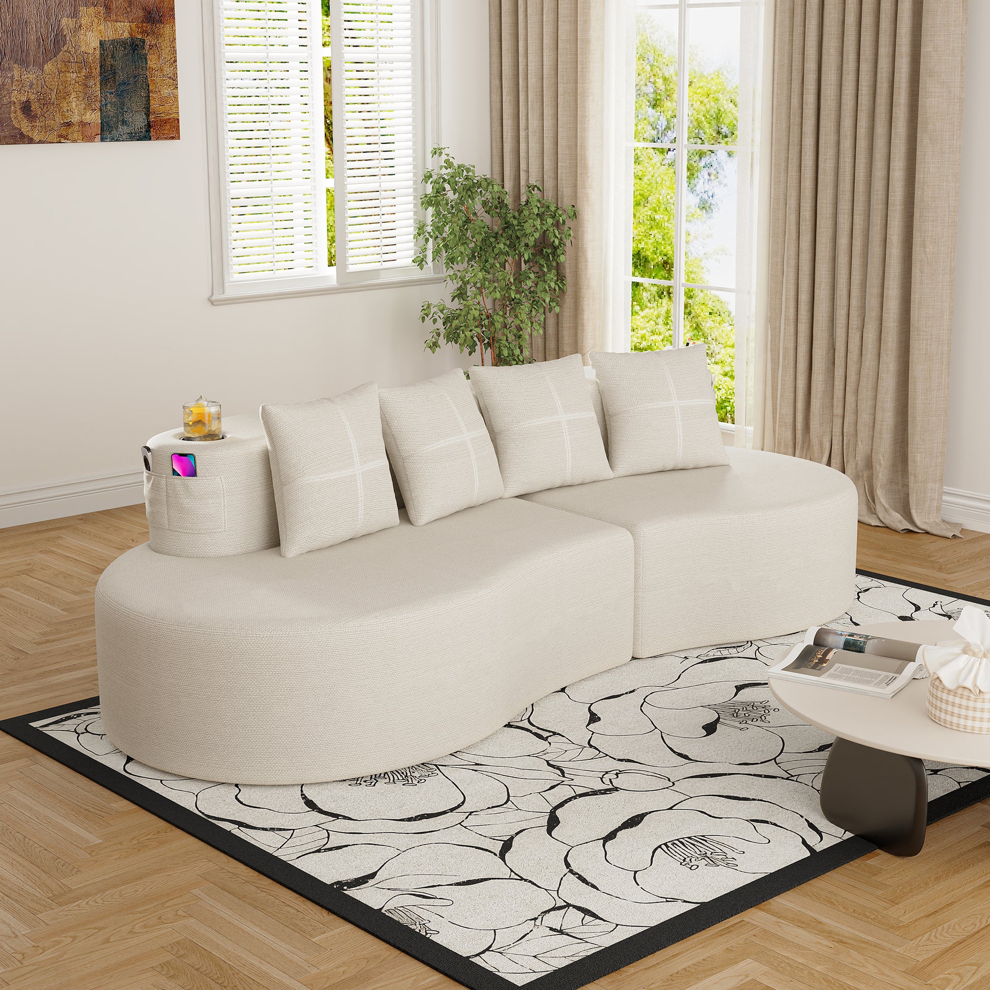 Chenille Compression Sofa — 3-Seat — Beige