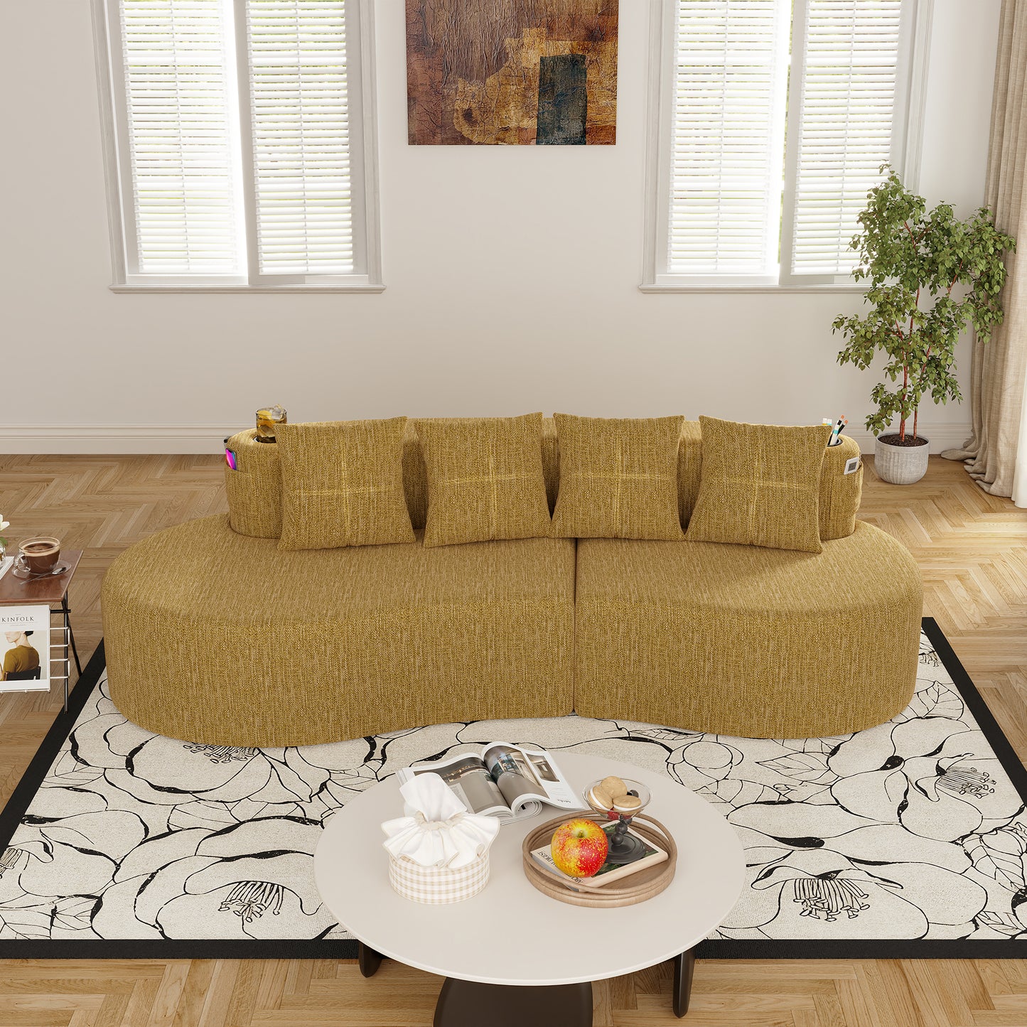 Chenille Compression Sofa — 3-Seat — Mustard Yellow
