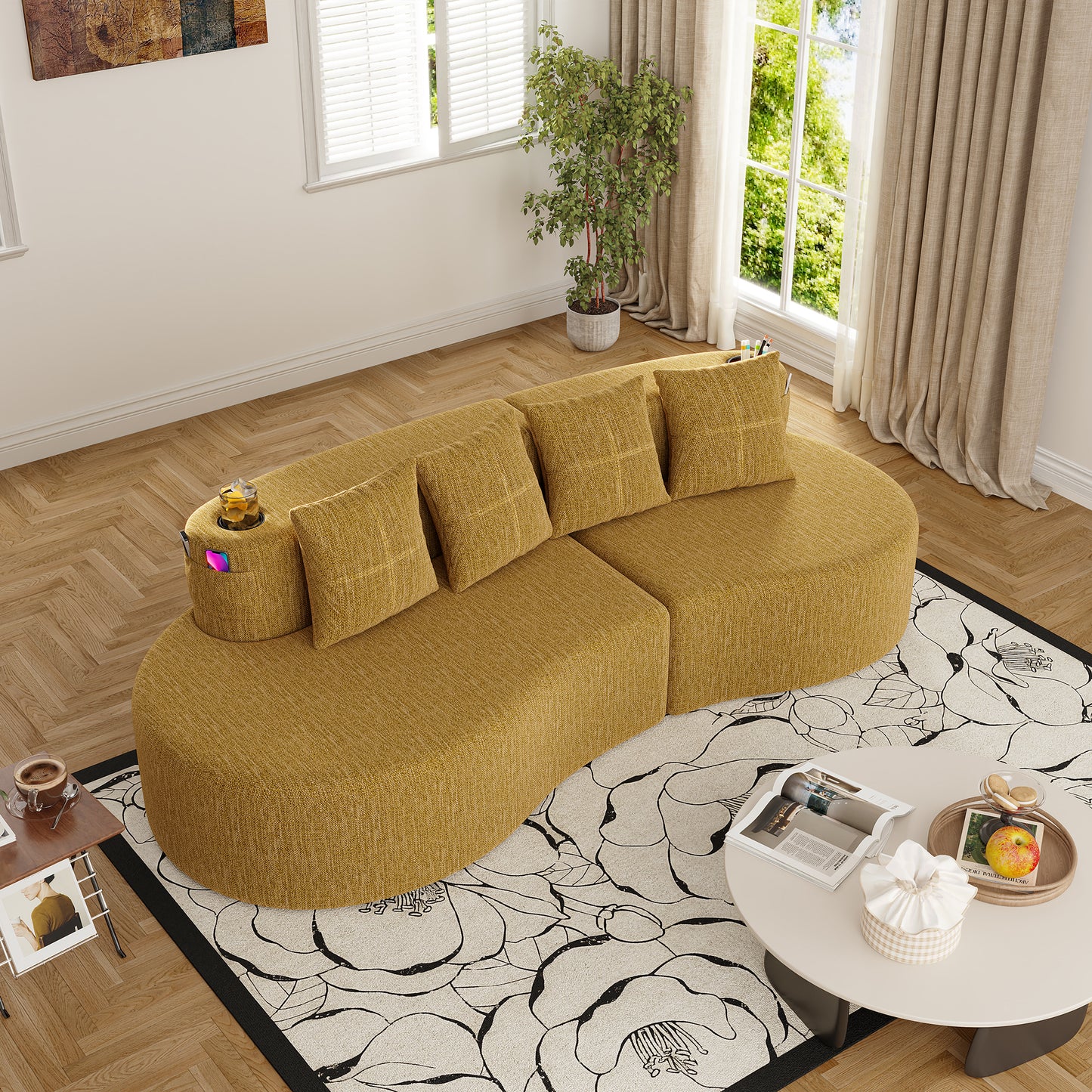 Chenille Compression Sofa — 3-Seat — Mustard Yellow