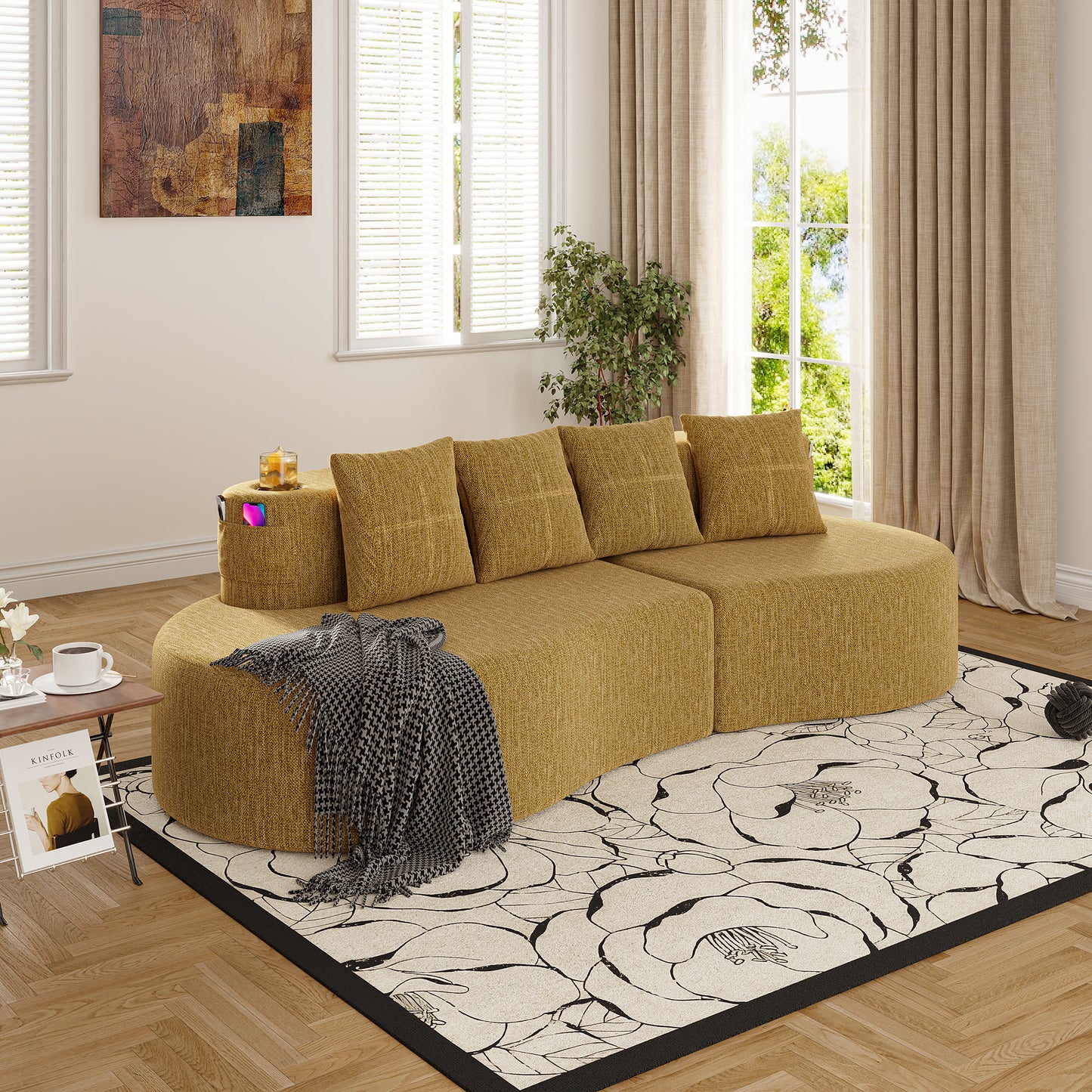 Chenille Compression Sofa — 3-Seat — Mustard Yellow