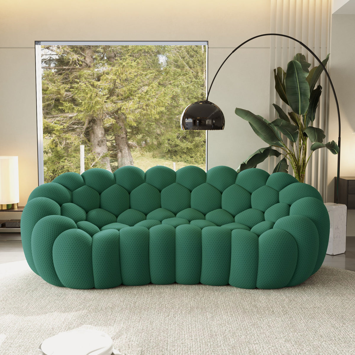 Green 3-seat boneless couch in a living room with garden views — 2/3-Seat — Green / 3-Seat