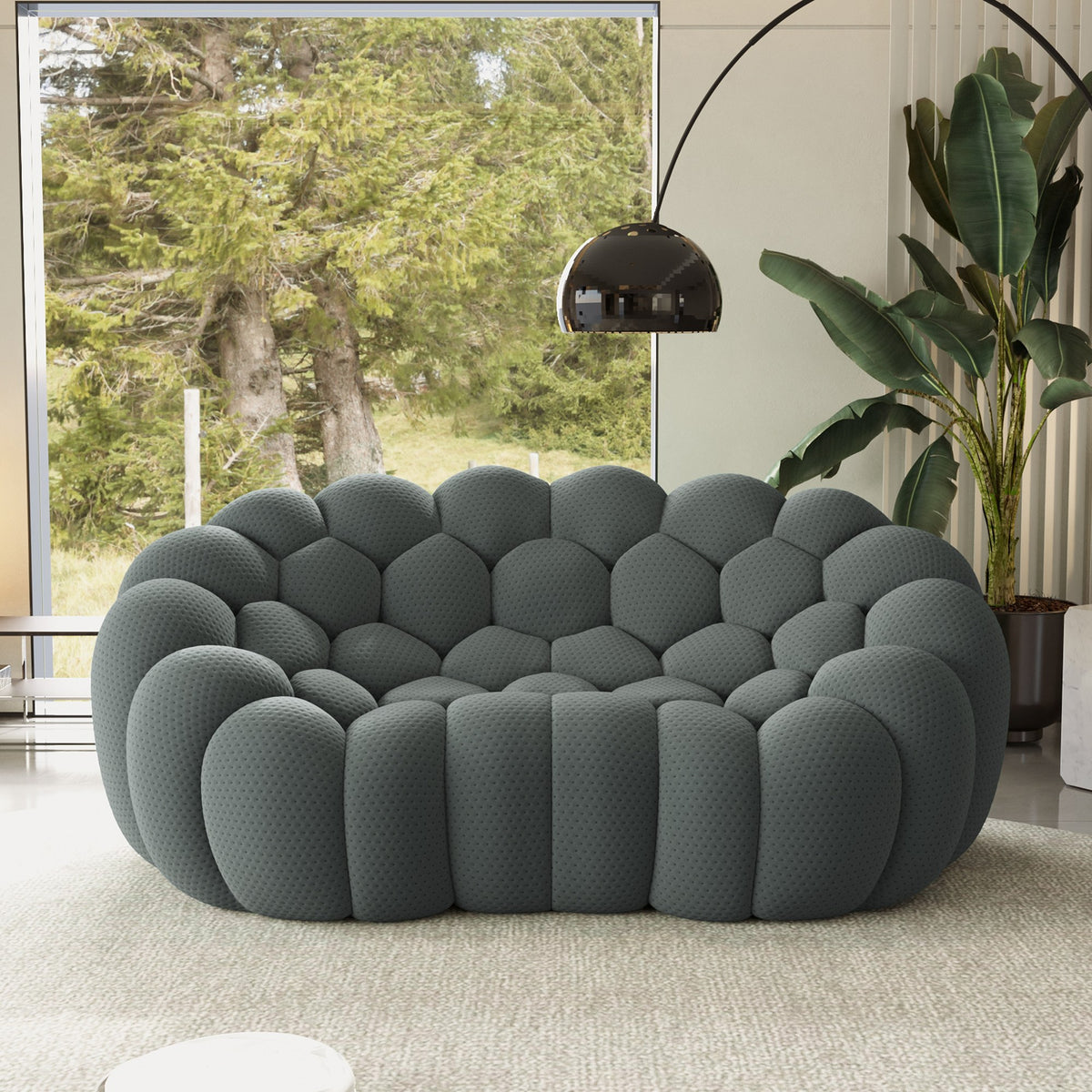 Grey 2-seat boneless couch in a living room with garden views — 2/3-Seat — Grey / 2-Seat