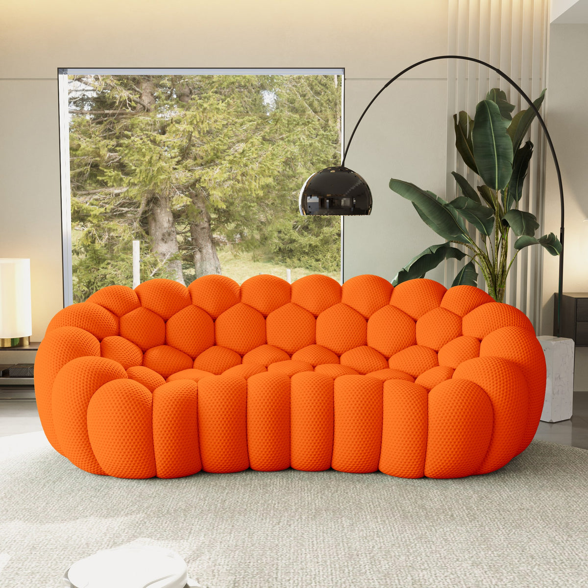 Orange 3-seat boneless couch in a living room with garden views — 2/3-Seat — Orange / 3-Seat