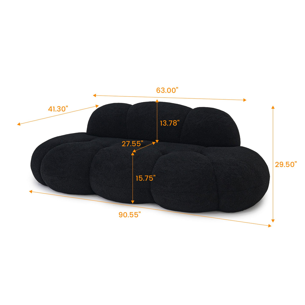 Boucle Boneless Couch — 3-Seat — dimensions — Black