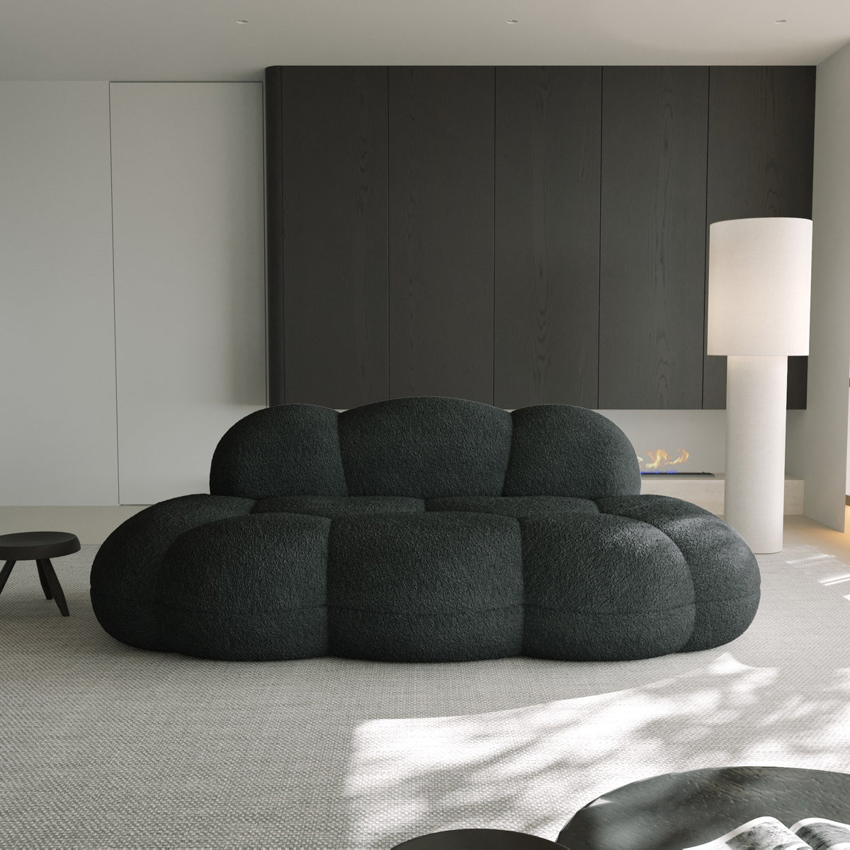 Black boucle boneless couch, front view in a modern living room — 3-Seat — Black