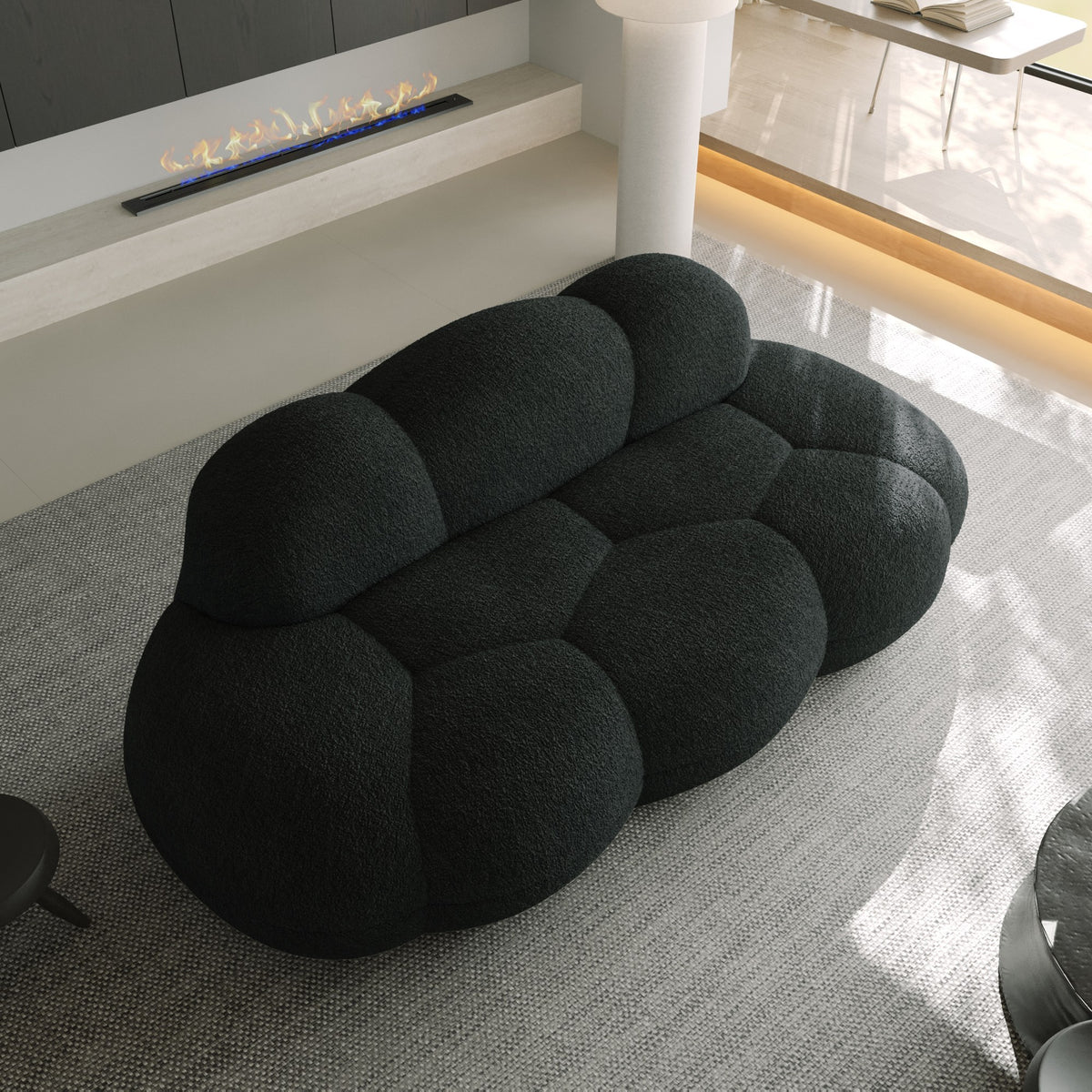 Black boucle boneless couch, top-down view in a modern living room — 3-Seat — Black