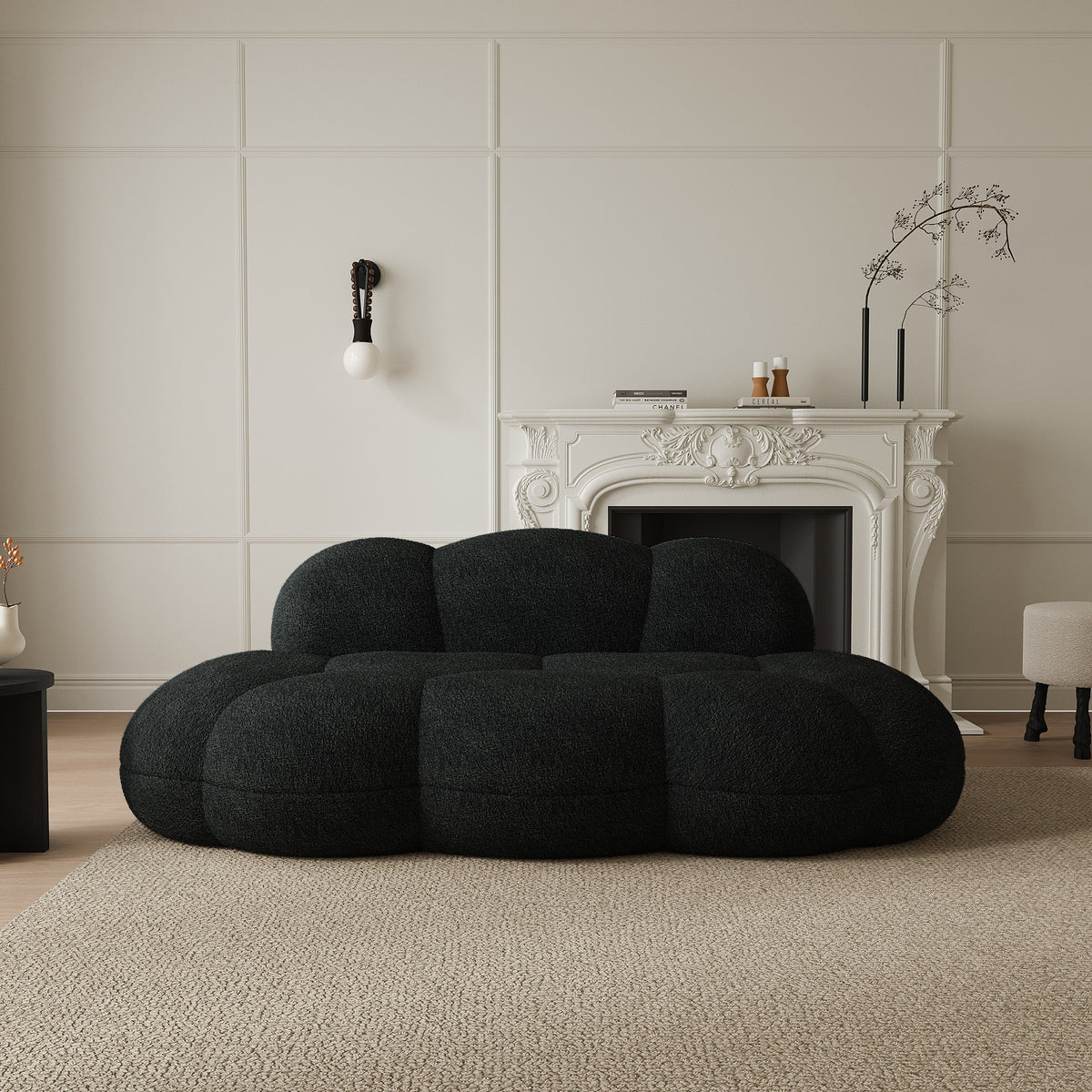 Black boucle boneless couch, front view beside a fireplace — 3-Seat — Black