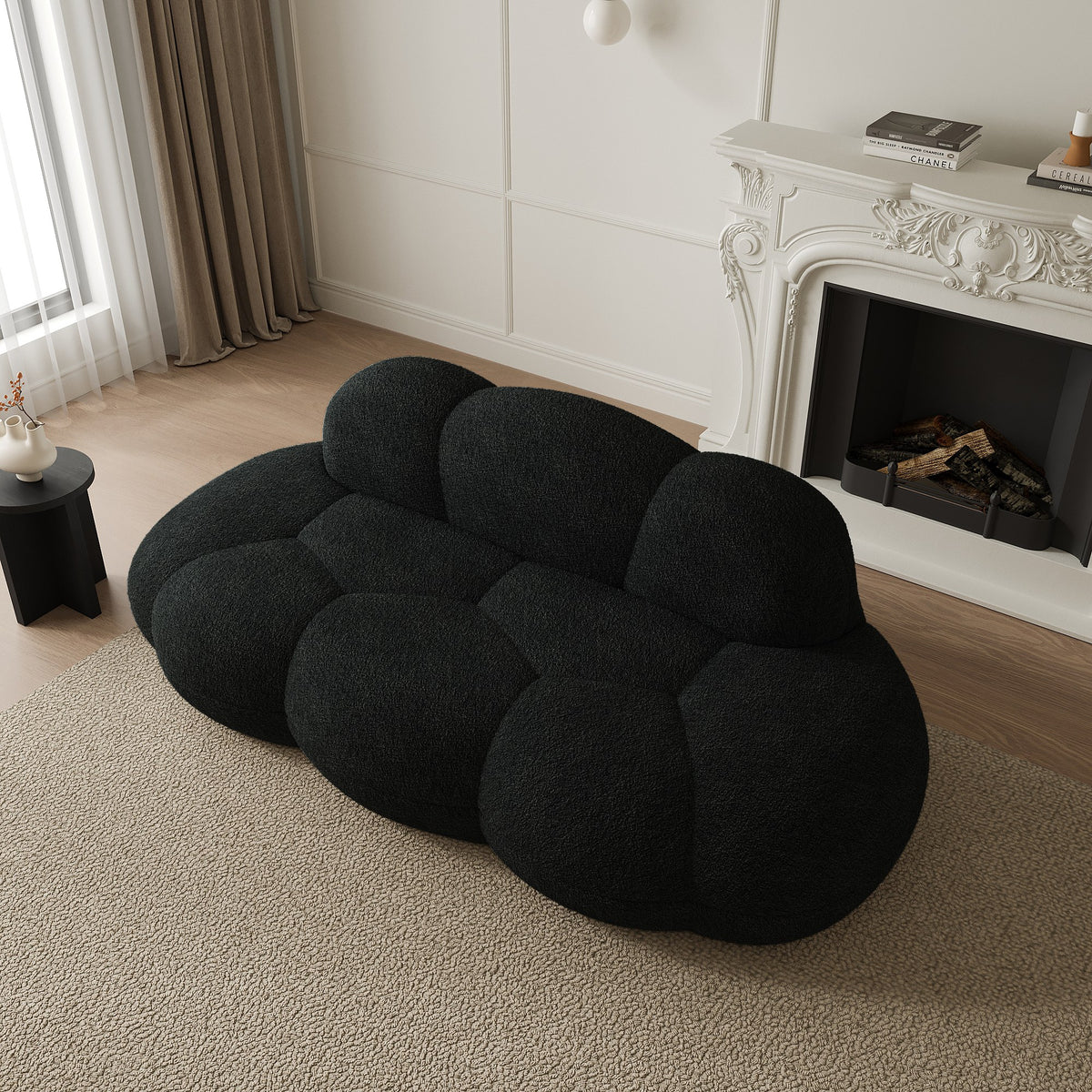 Black boucle boneless couch, angled view beside a fireplace — 3-Seat — Black