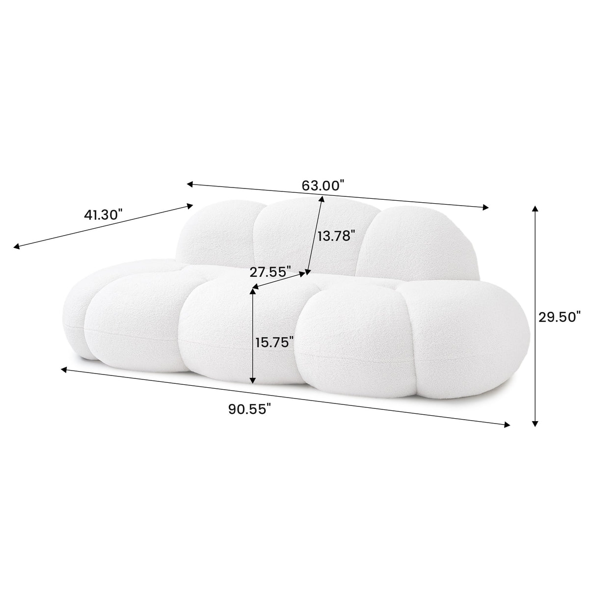 Boucle Boneless Couch — 3-Seat — dimensions — White