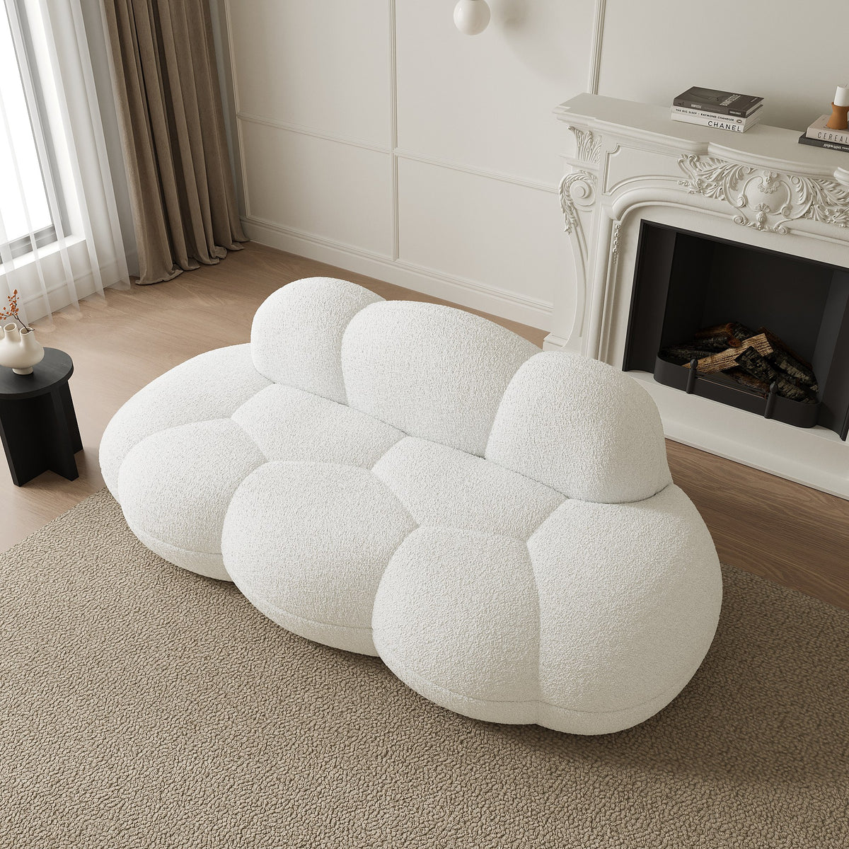 White boucle boneless couch, angled view beside a fireplace — 3-Seat — White