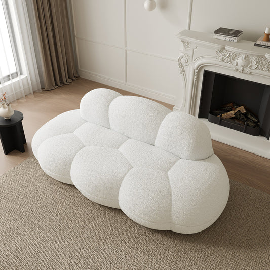 White boucle boneless couch, angled view beside a fireplace — 3-Seat — White