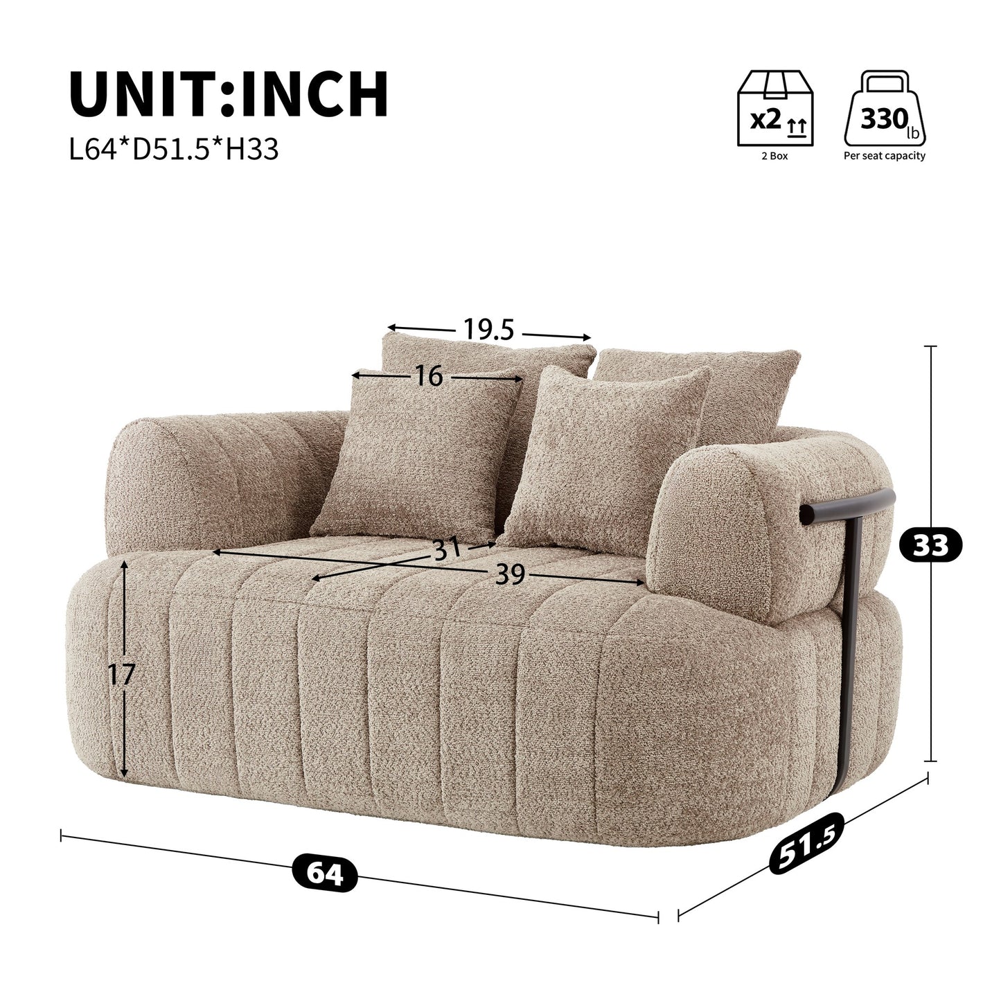 Boucle Boneless Sofa — 1-Seat — dimensions — Khaki
