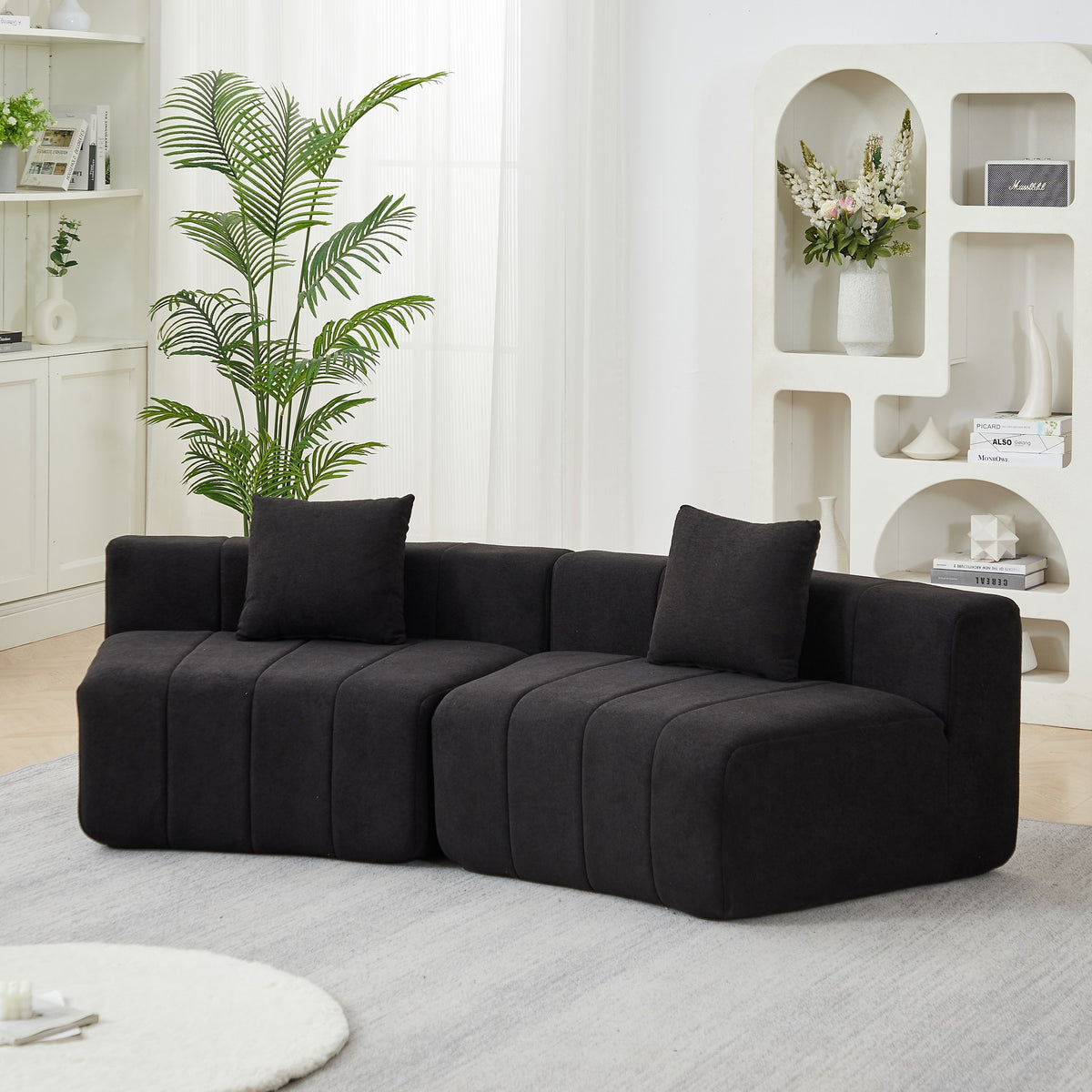 Chenille Boneless Couch — 2/4/6-Seat — Black / 2-Seat