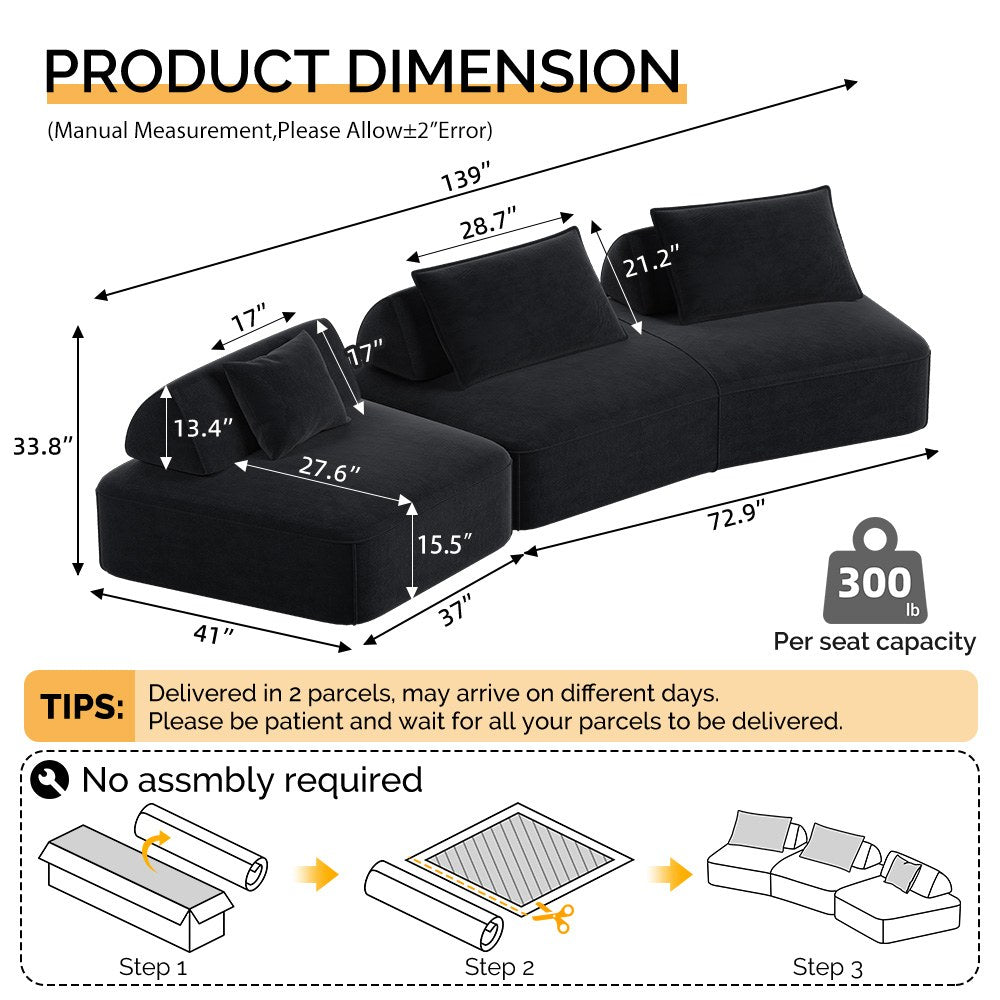 Chenille Boneless Couch — 4-Seat — Dark Grey
