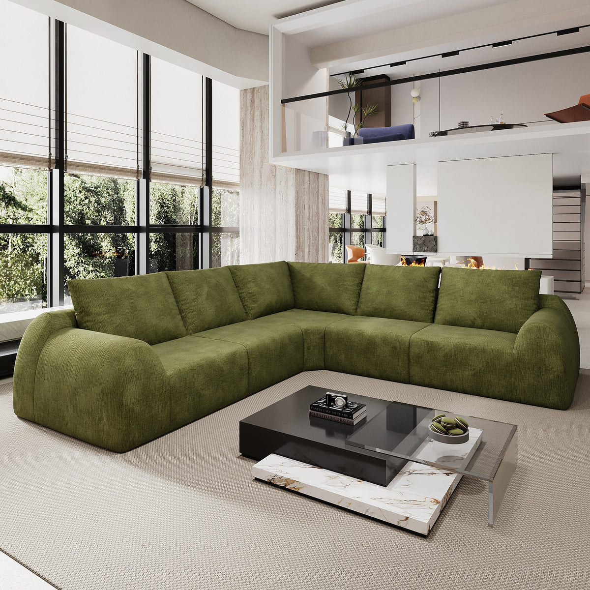 Chenille Boneless Couch — 5/6/7/9-Seat — Dark Green / 5-Seat