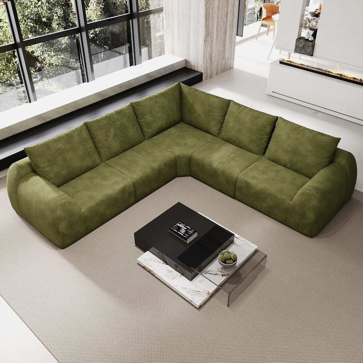 Chenille Boneless Couch — 5/6/7/9-Seat — Dark Green / 5-Seat