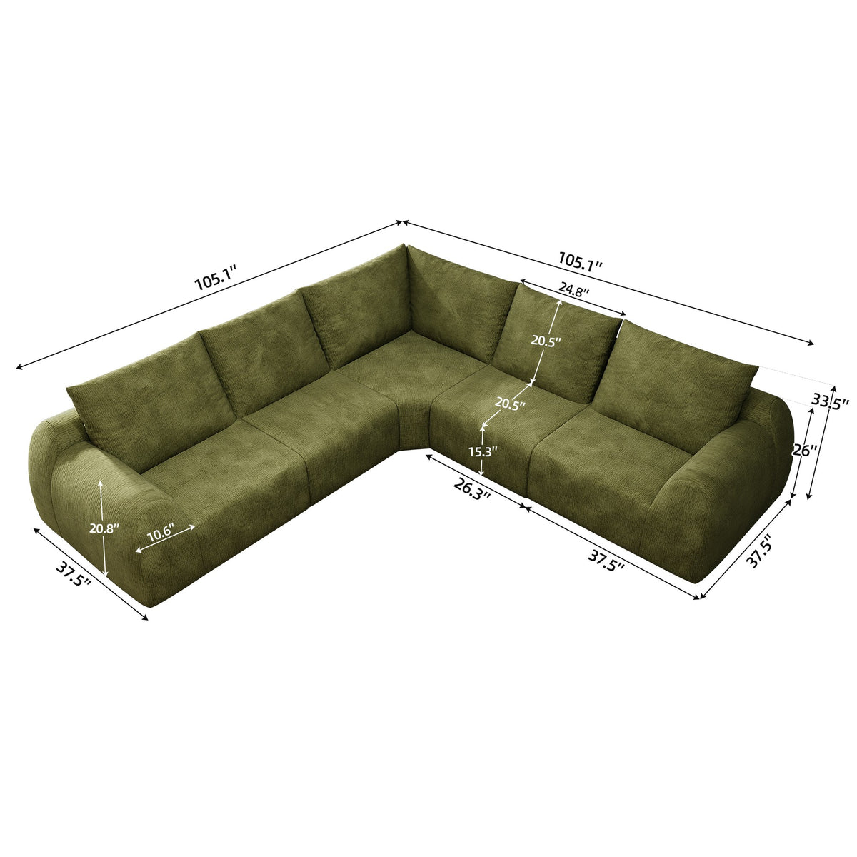 Chenille Boneless Couch — 5/6/7/9-Seat — Dark Green / 5-Seat