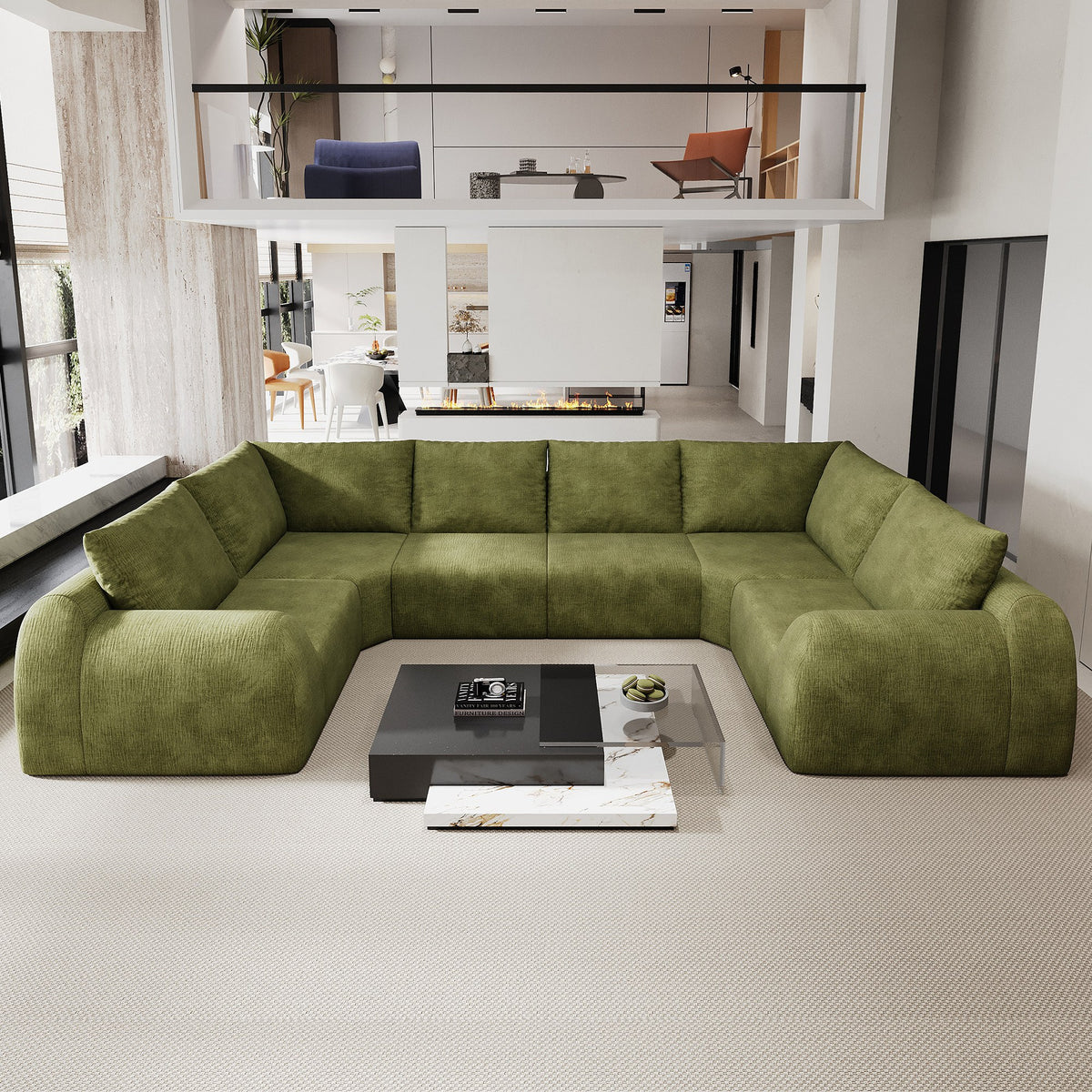 Chenille Boneless Couch — 5/6/7/9-Seat — Dark Green / 6-Seat