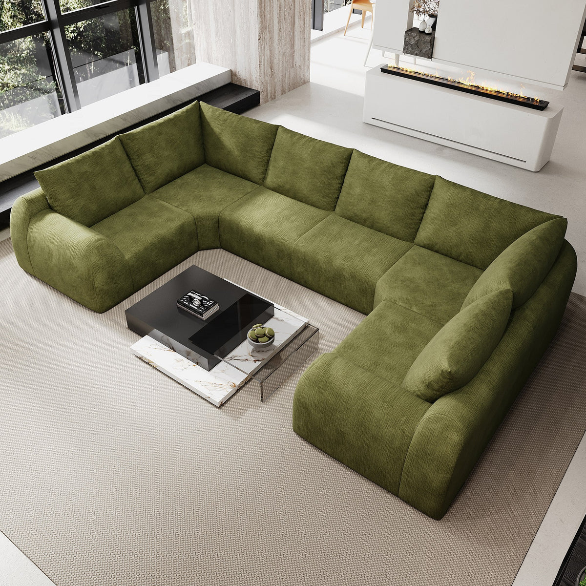Chenille Boneless Couch — 5/6/7/9-Seat — Dark Green / 6-Seat