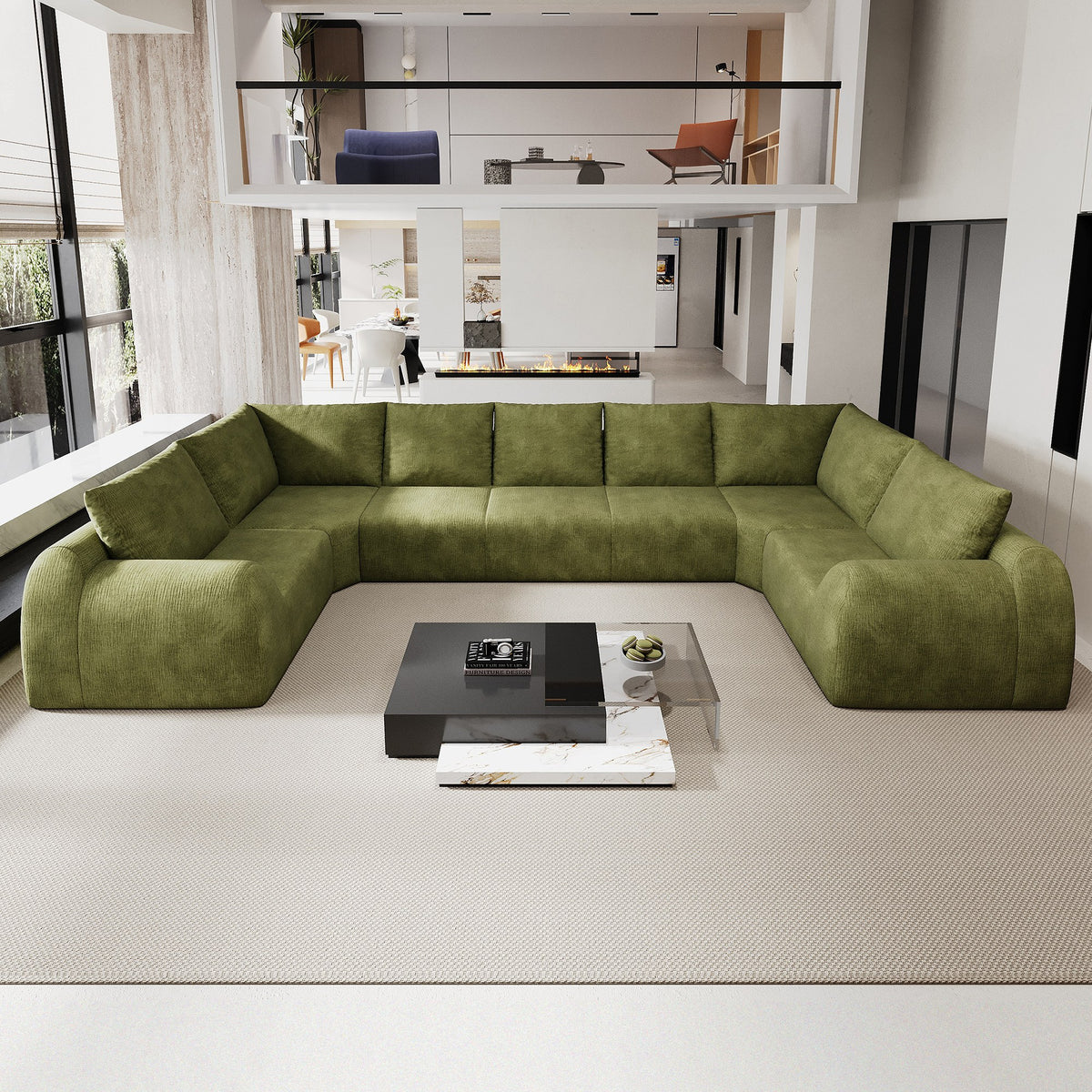 Chenille Boneless Couch — 5/6/7/9-Seat — Dark Green / 7-Seat