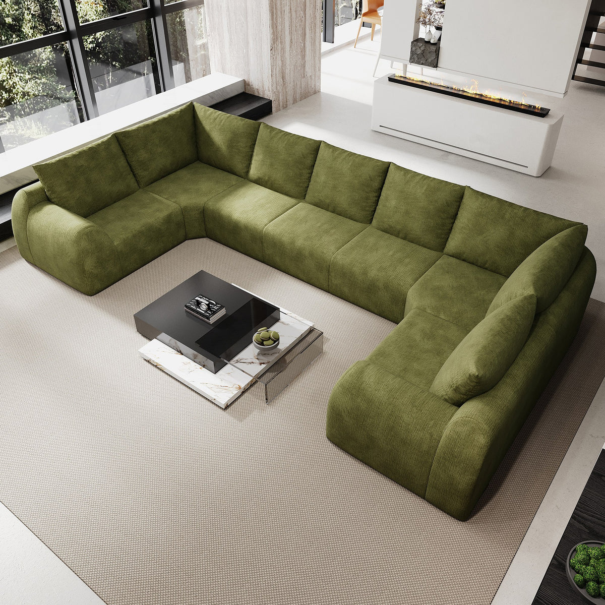 Chenille Boneless Couch — 5/6/7/9-Seat — Dark Green / 7-Seat