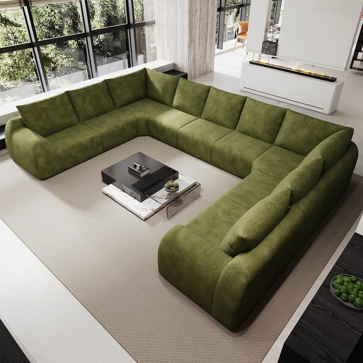 Chenille Boneless Couch — 5/6/7/9-Seat — Dark Green / 9-Seat