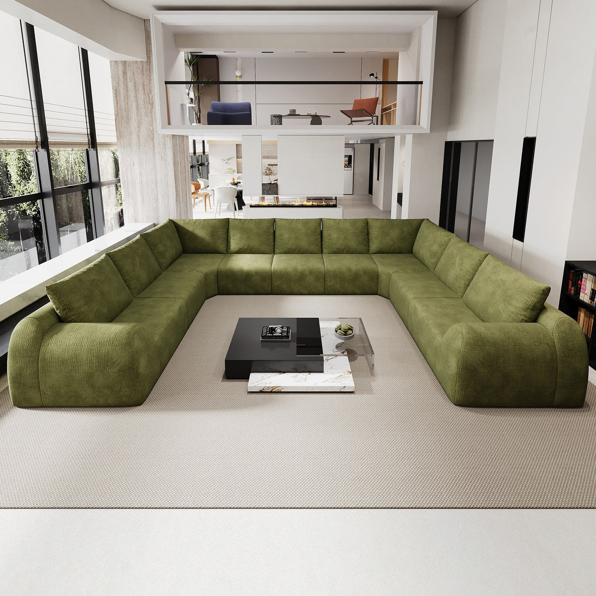 Chenille Boneless Couch — 5/6/7/9-Seat — Dark Green / 9-Seat