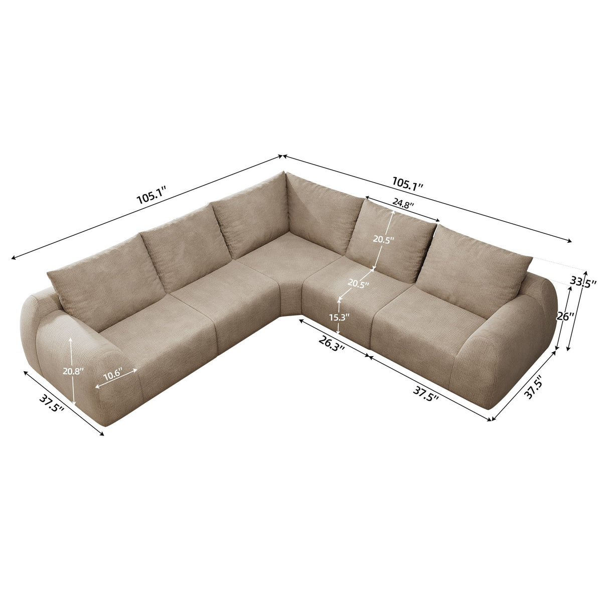 Chenille Boneless Couch — 5/6/7/9-Seat — Khaki / 5-Seat