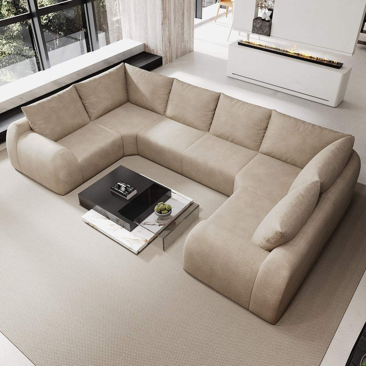 Chenille Boneless Couch — 5/6/7/9-Seat — Khaki / 6-Seat