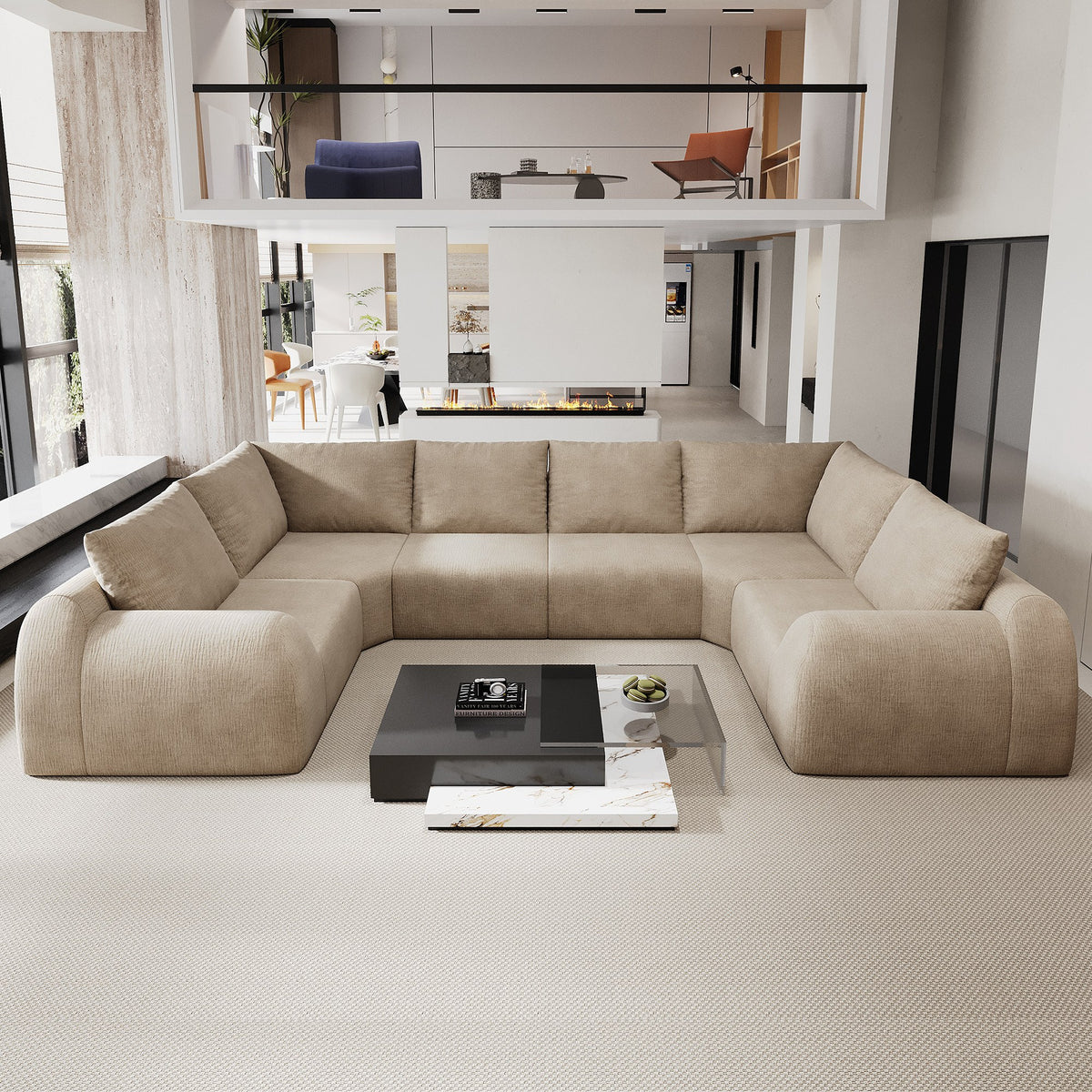 Chenille Boneless Couch — 5/6/7/9-Seat — Khaki / 6-Seat