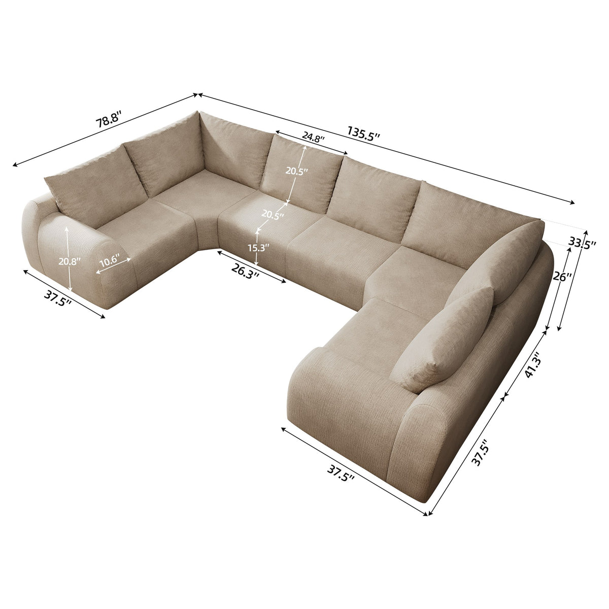 Chenille Boneless Couch — 5/6/7/9-Seat — Khaki / 6-Seat