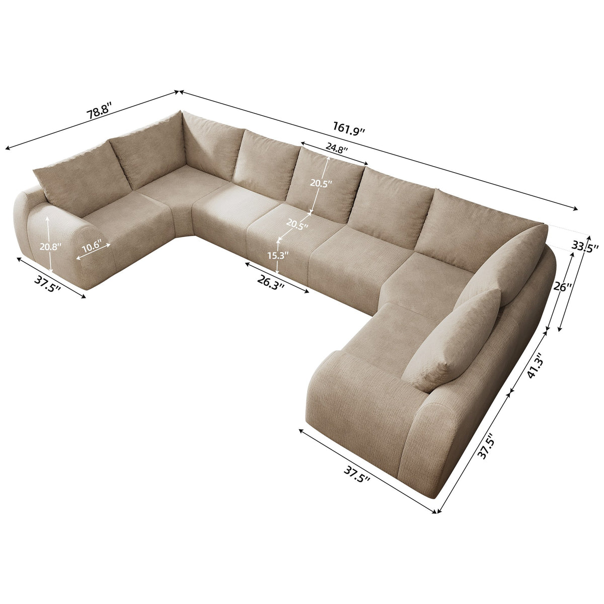 Chenille Boneless Couch — 5/6/7/9-Seat — Khaki / 7-Seat