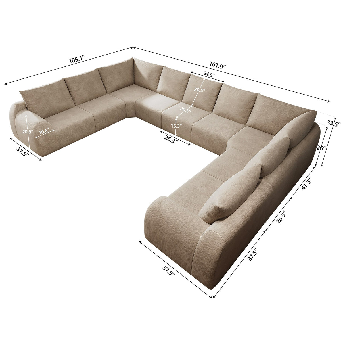 Chenille Boneless Couch — 5/6/7/9-Seat — Khaki / 9-Seat