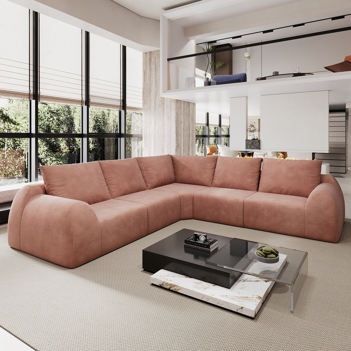Chenille Boneless Couch — 5/6/7/9-Seat — Pink / 5-Seat