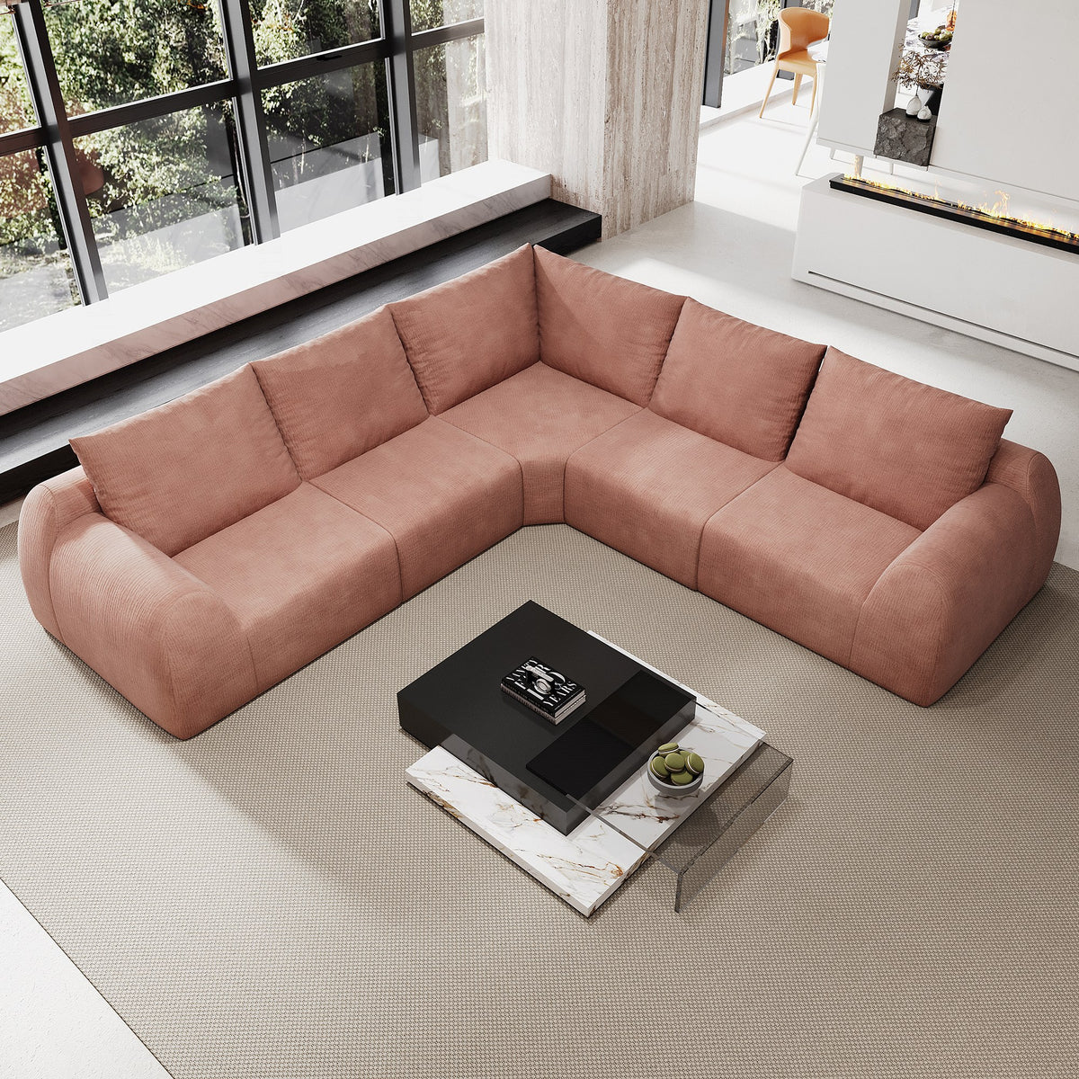 Chenille Boneless Couch — 5/6/7/9-Seat — Pink / 5-Seat